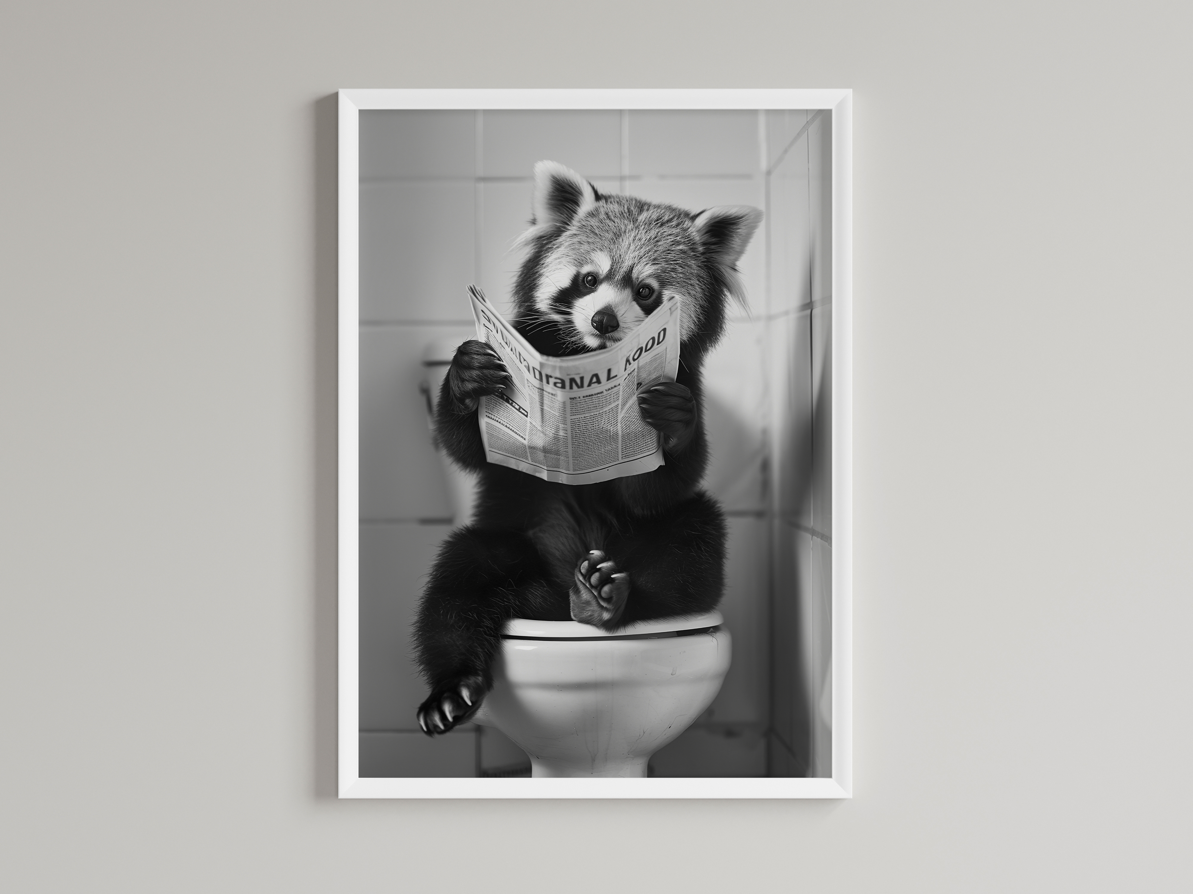 Red Panda Black And White On Toilet Print