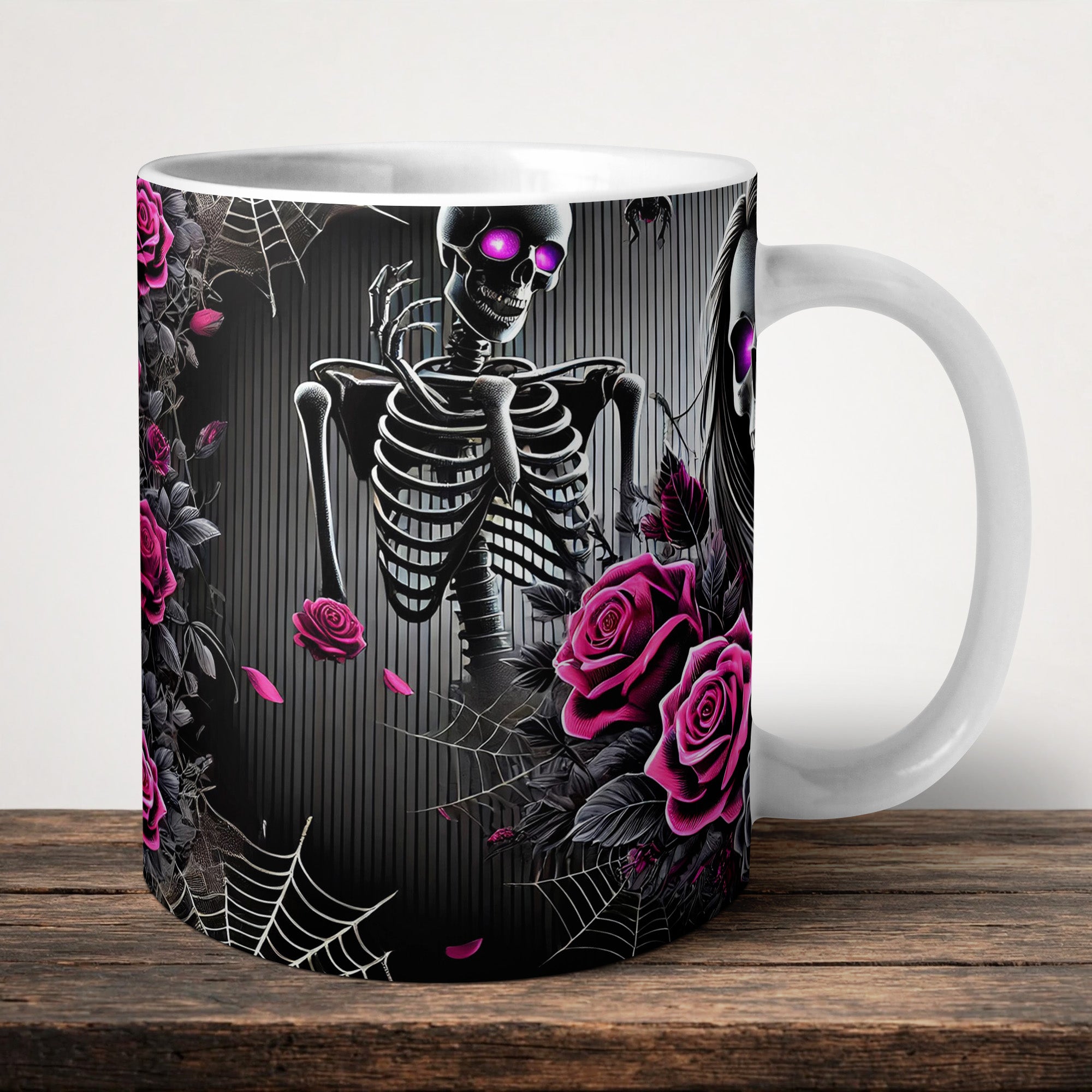 Skeleton Roses Mug front view - white ceramic printed mug by Perrys Prints