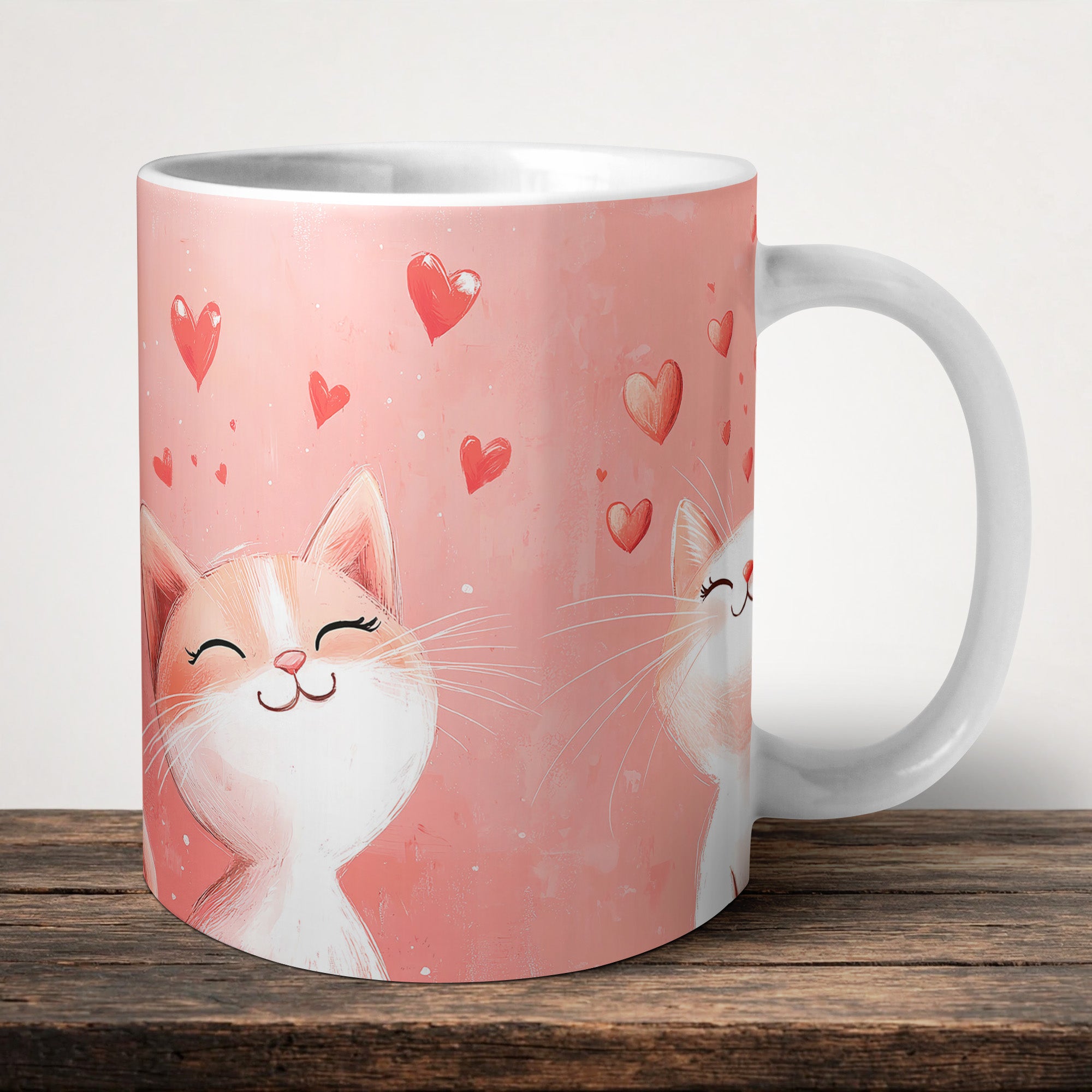 Cute Cat And Hearts Mug front view - white ceramic printed mug by Perrys Prints
