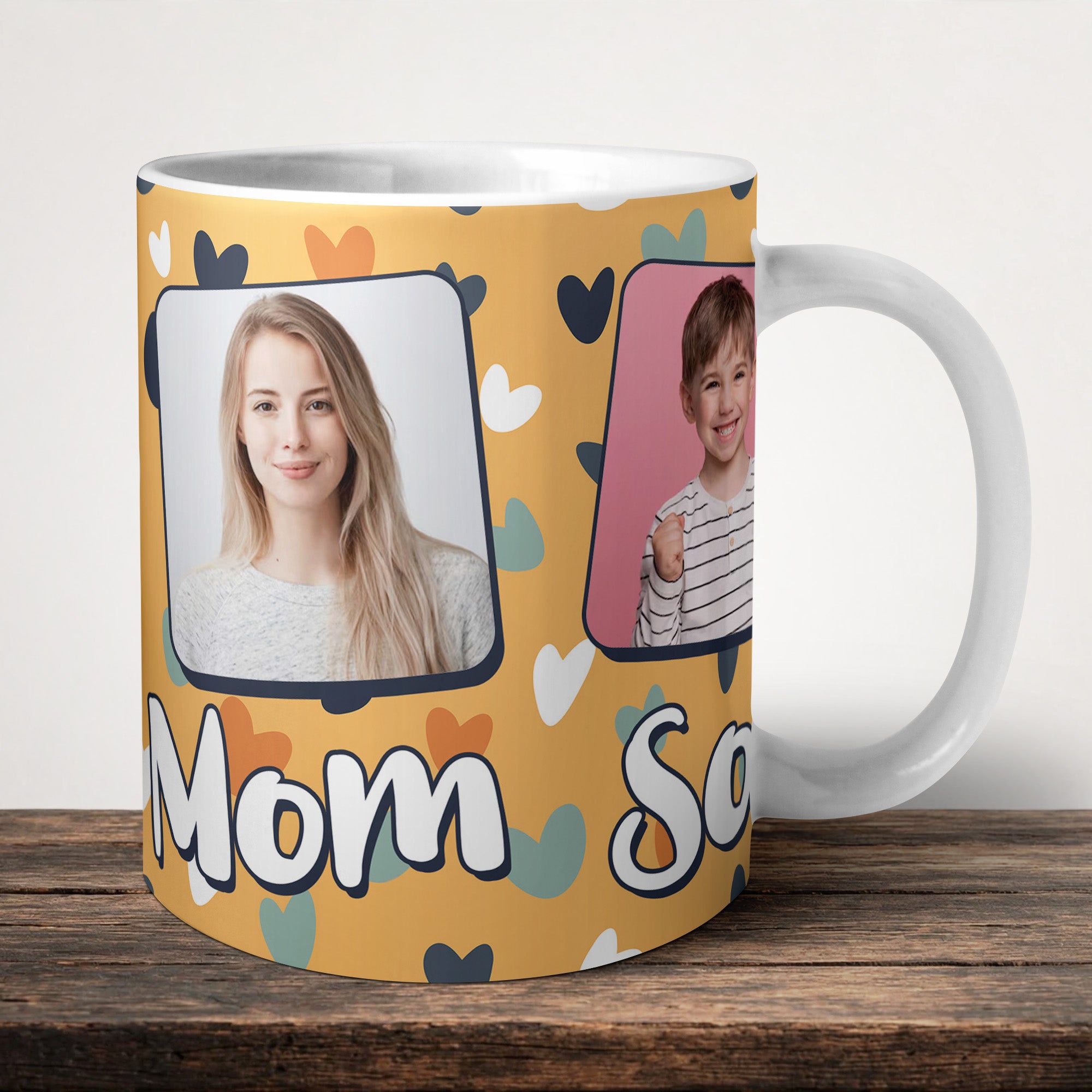 Mom Son Dad Personalised Photo Mug front view - white ceramic printed mug by Perrys Prints