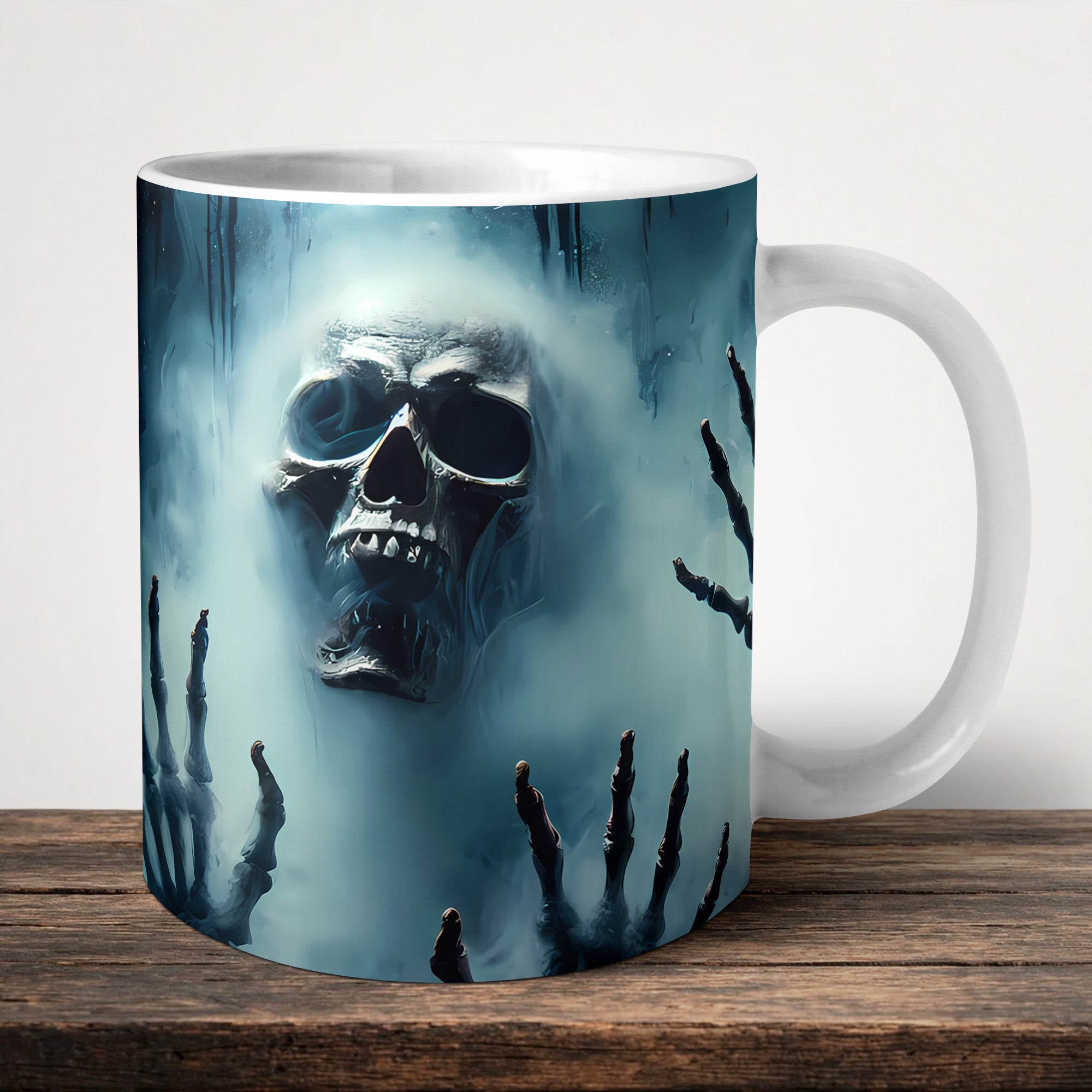 Skeleton Mug front view - white ceramic printed mug by Perrys Prints