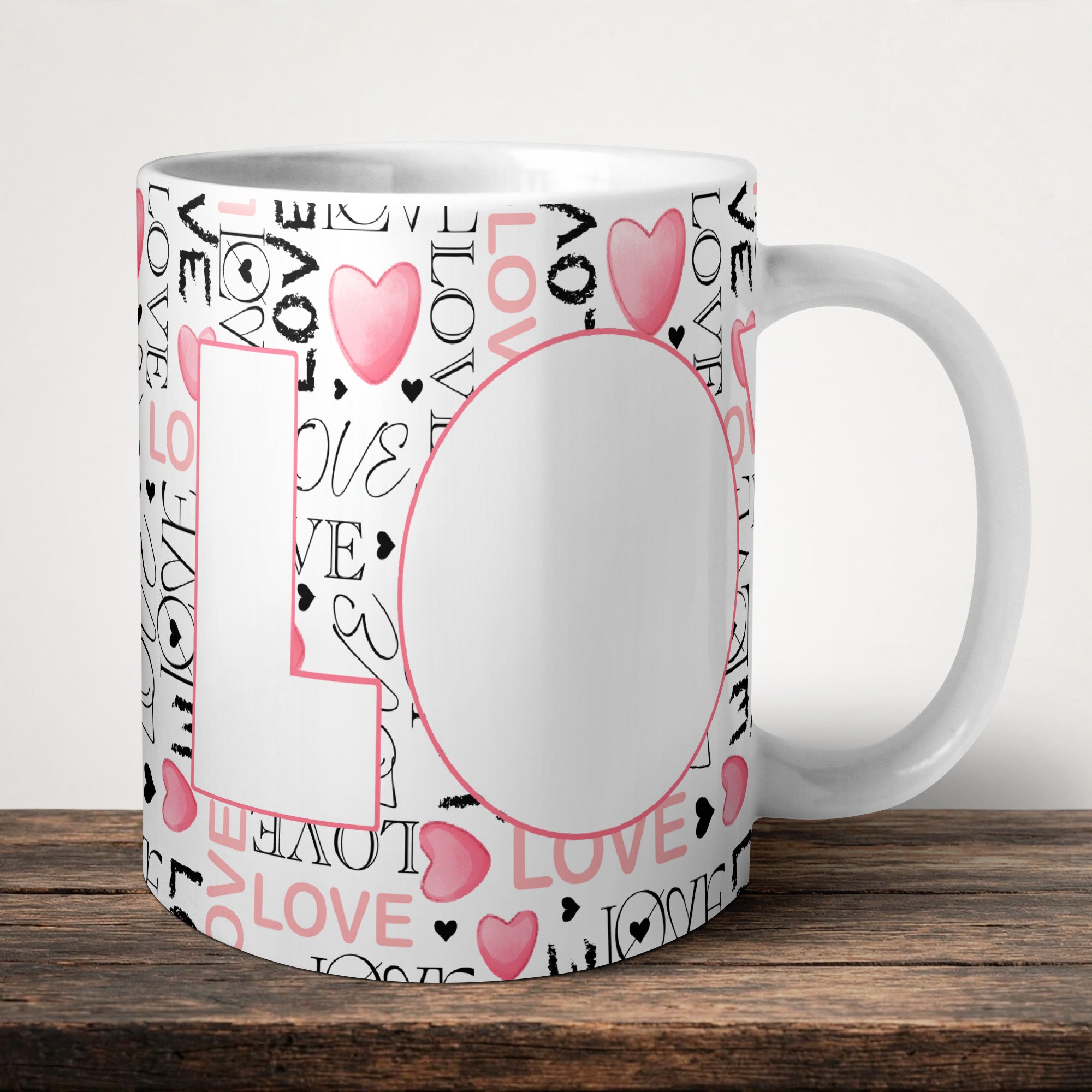 Love Word Photo Personalised Mug front view - white ceramic printed mug by Perrys Prints