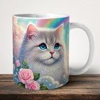 Watercolour Rainbow Cat Mug front view - white ceramic printed mug by Perrys Prints