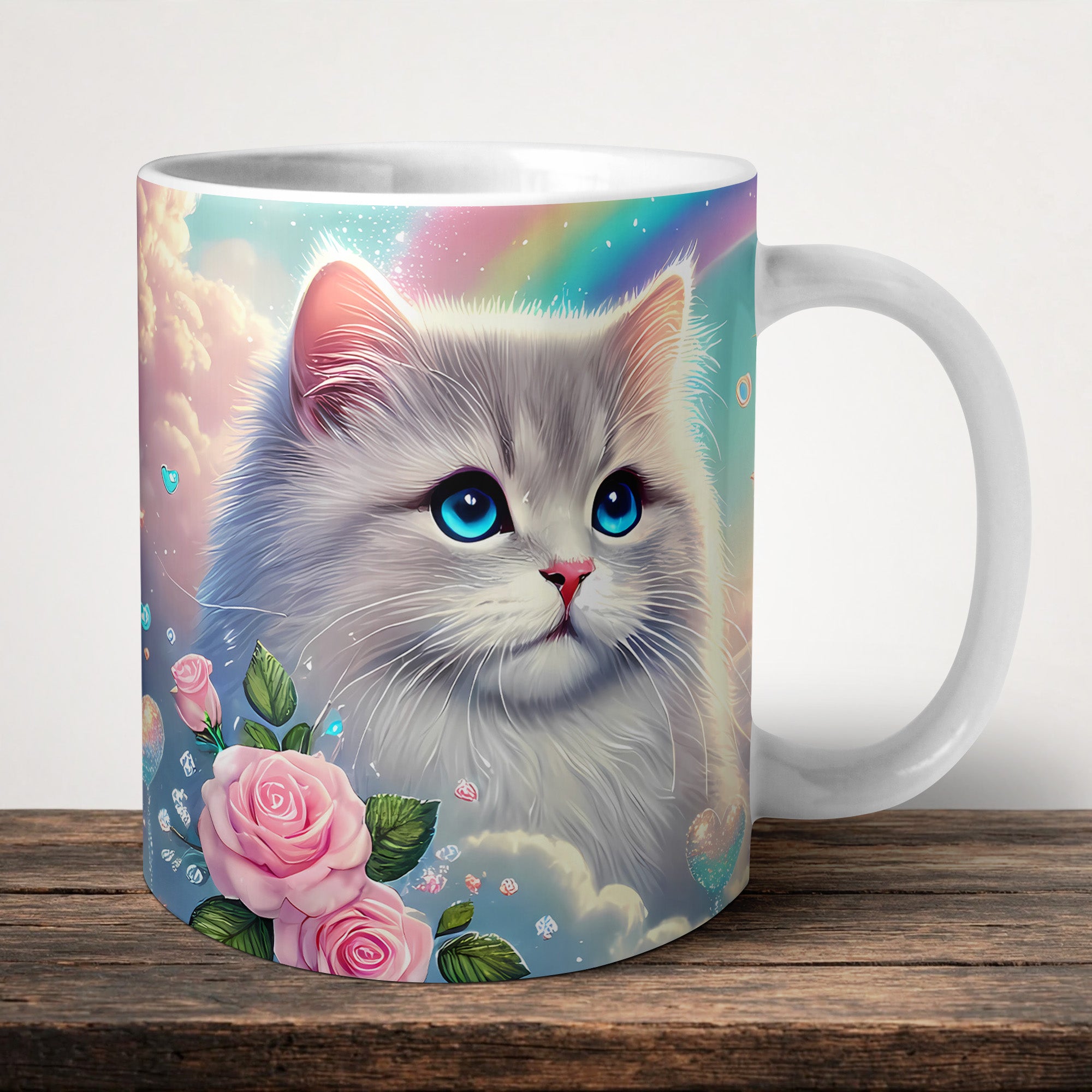 Watercolour Rainbow Cat Mug front view - white ceramic printed mug by Perrys Prints