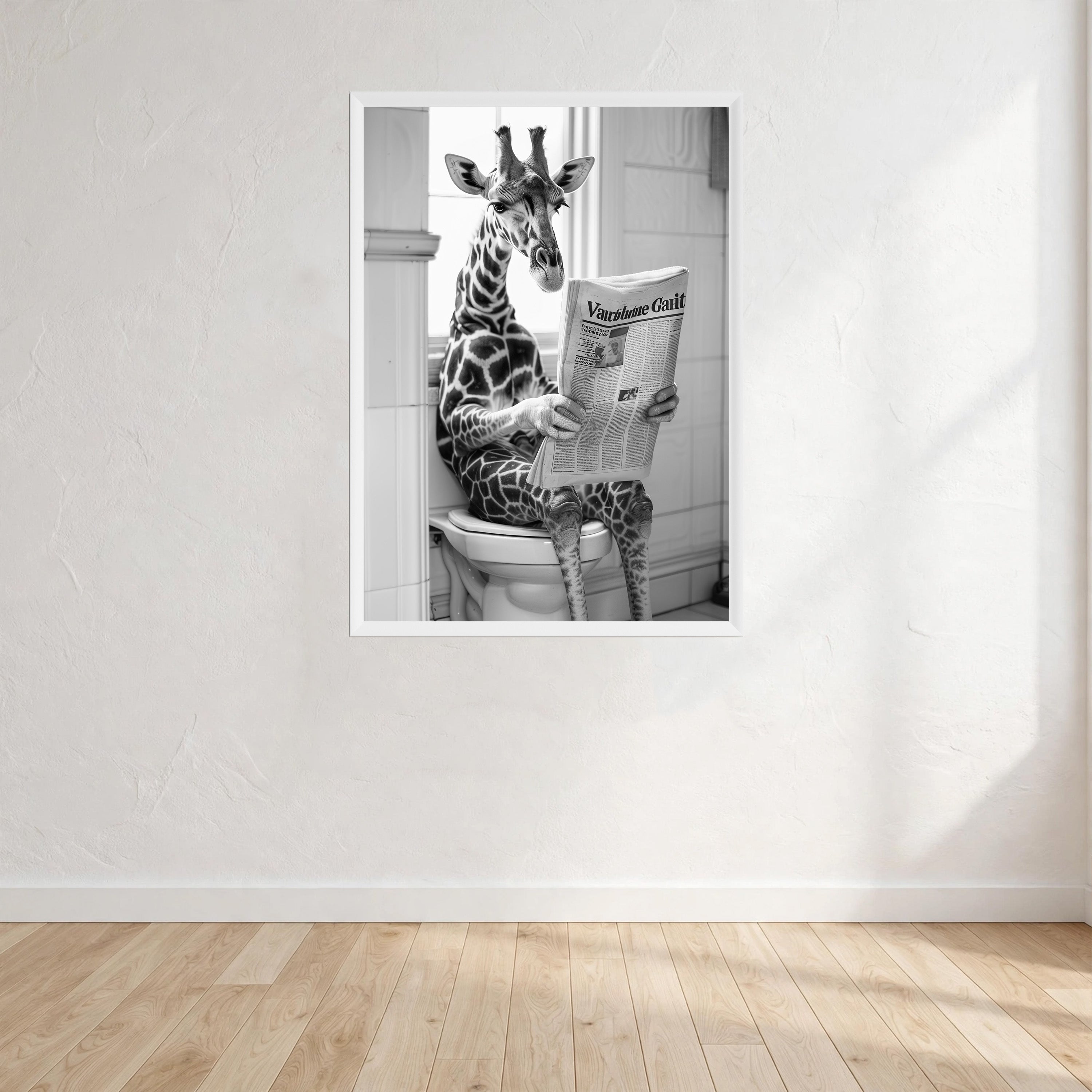 Giraffe Black And White On Toilet Print Wall Art Print front view - printed product by Perrys Prints