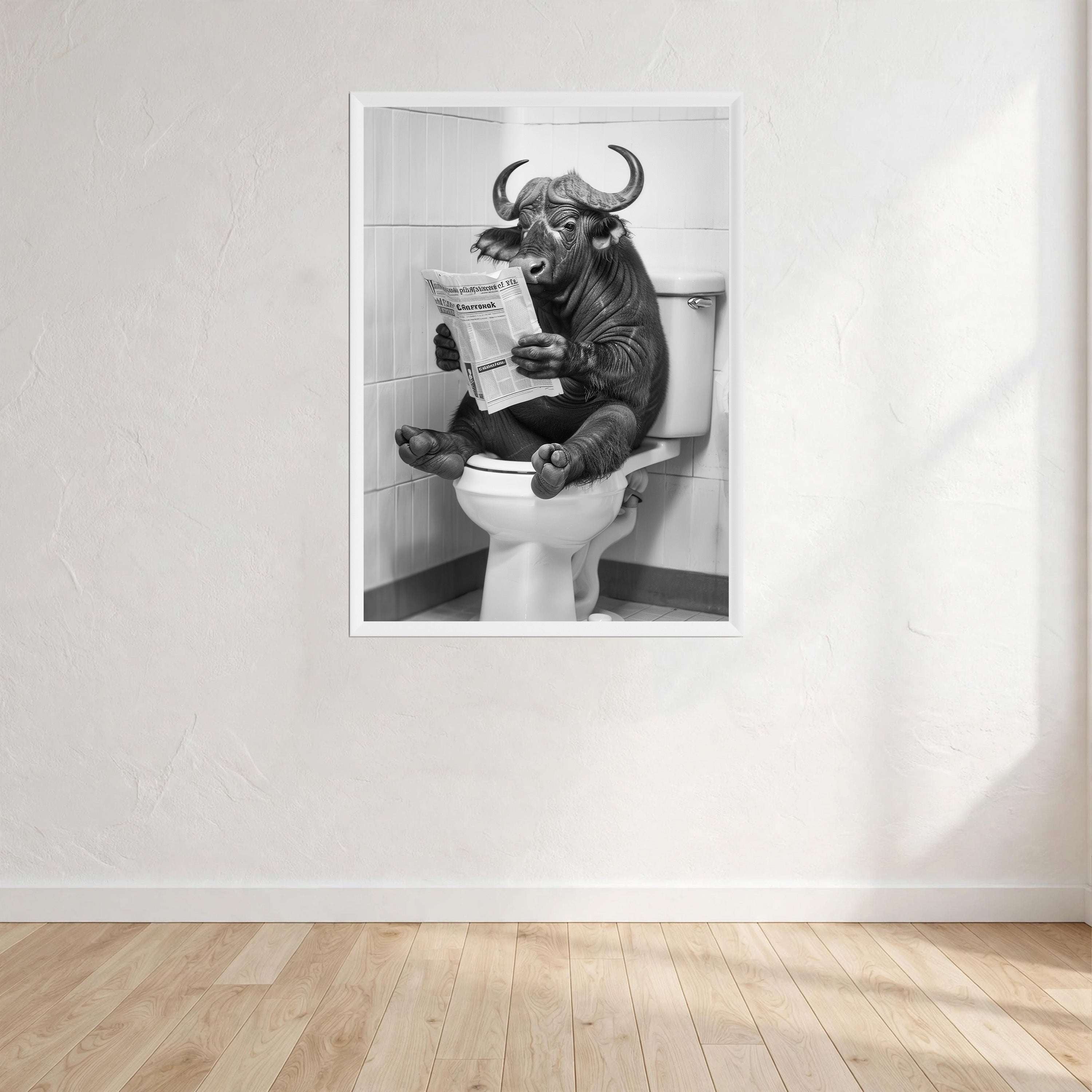 Cape Buffalo Black And White On Toilet Print Wall Art Print front view - printed product by Perrys Prints