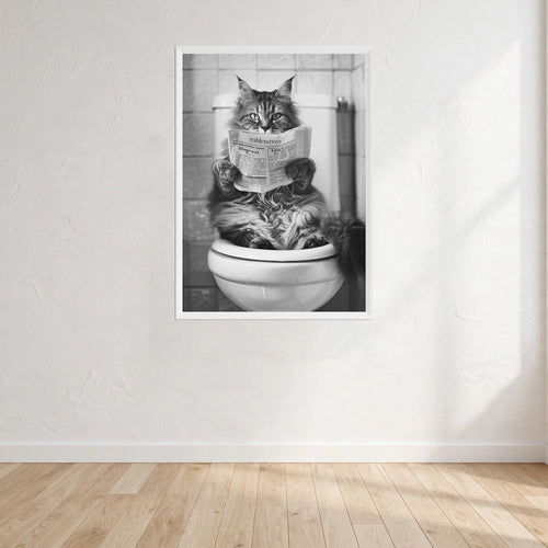 Cat Black And White On Toilet Print Wall Art Print front view - printed product by Perrys Prints