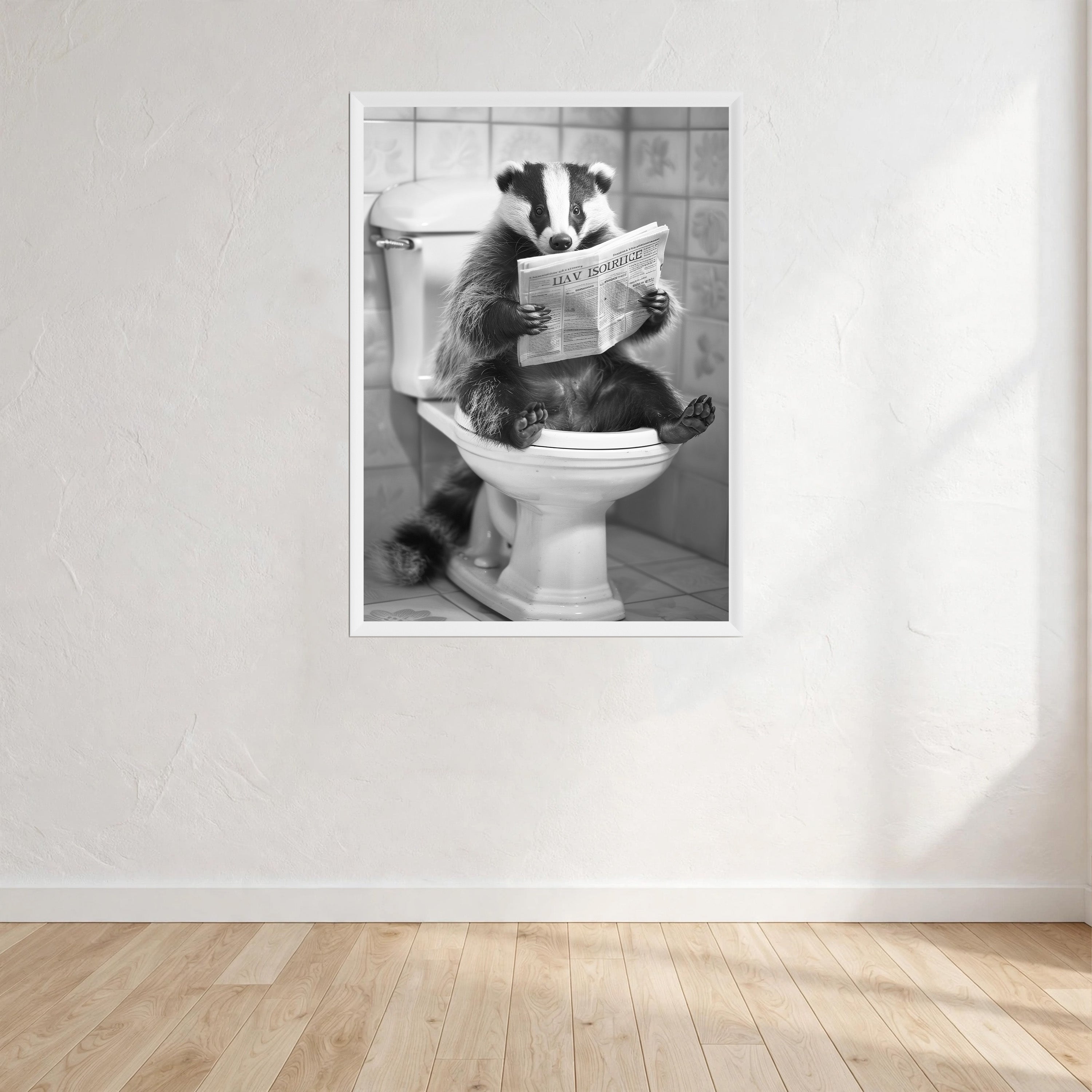 Badger Black And White On Toilet Print Wall Art Print front view - printed product by Perrys Prints