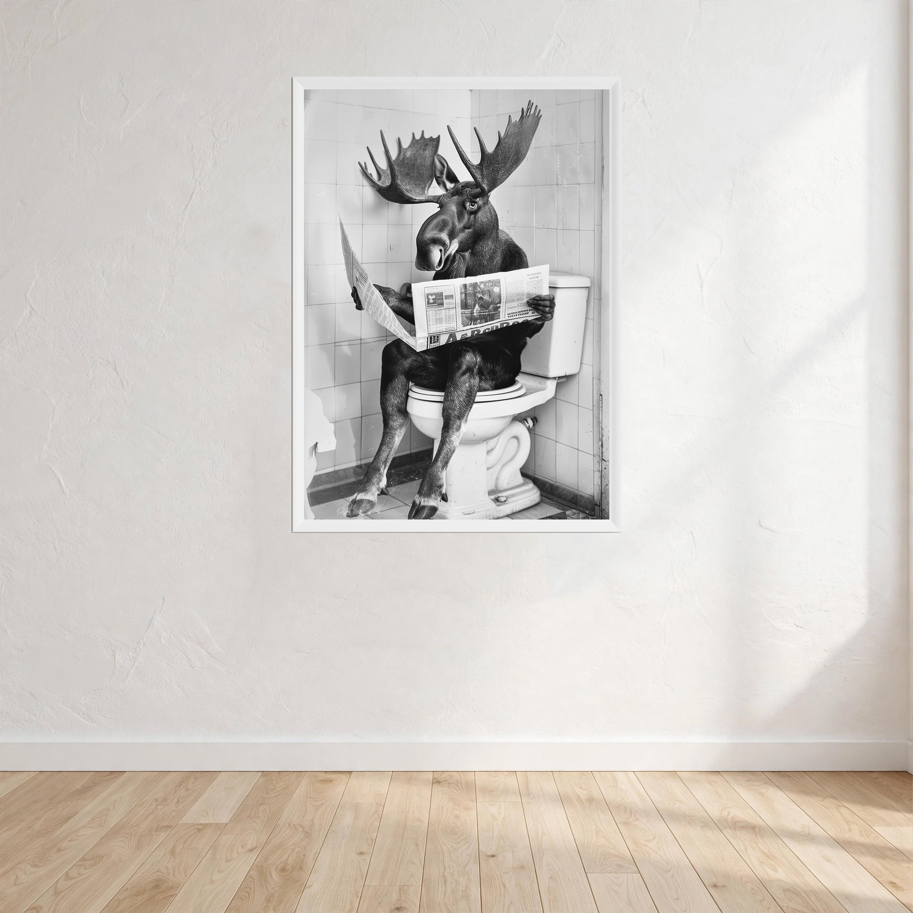 Moose Black And White On Toilet Print Wall Art Print front view - printed product by Perrys Prints