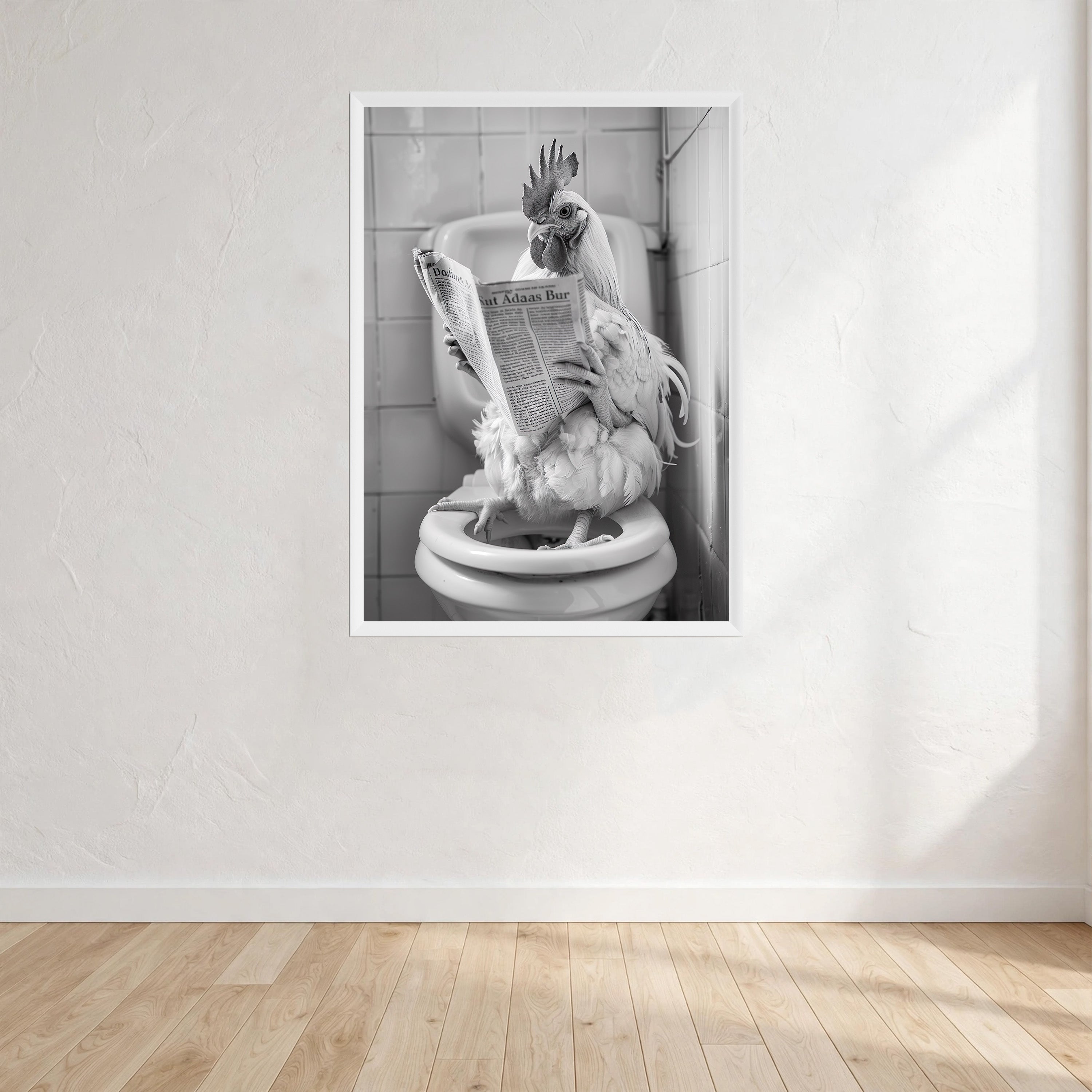 Chicken Black And White On Toilet Print Wall Art Print front view - printed product by Perrys Prints