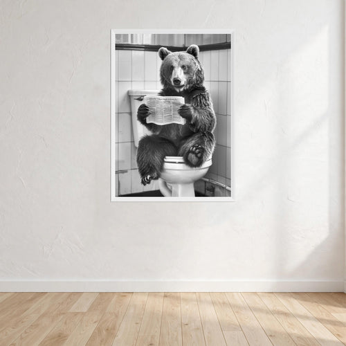 Bear Black And White On Toilet Print Wall Art Print front view - printed product by Perrys Prints