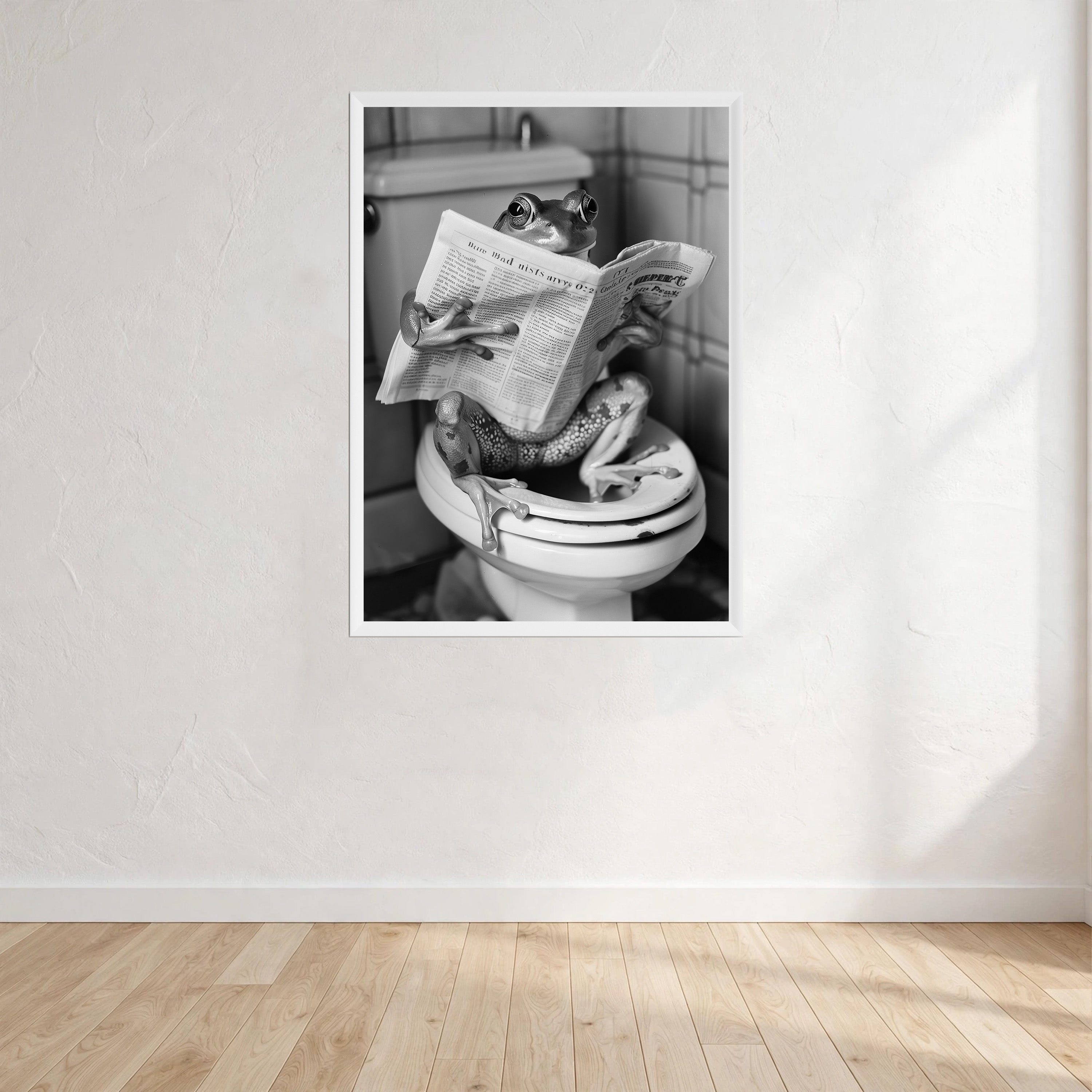 Frog Black And White On Toilet Print Wall Art Print front view - printed product by Perrys Prints