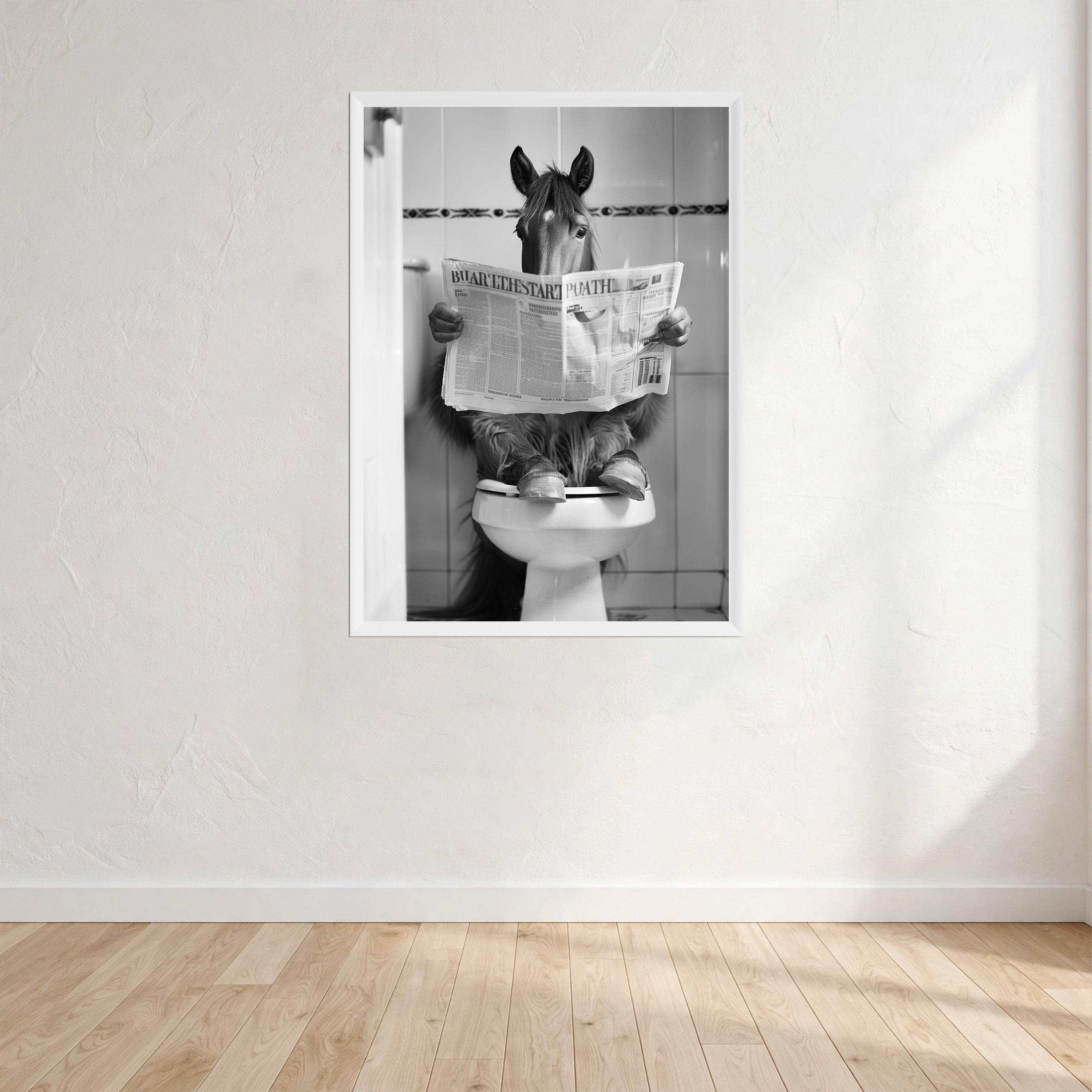 Horse Black And White On Toilet Print Wall Art Print front view - printed product by Perrys Prints