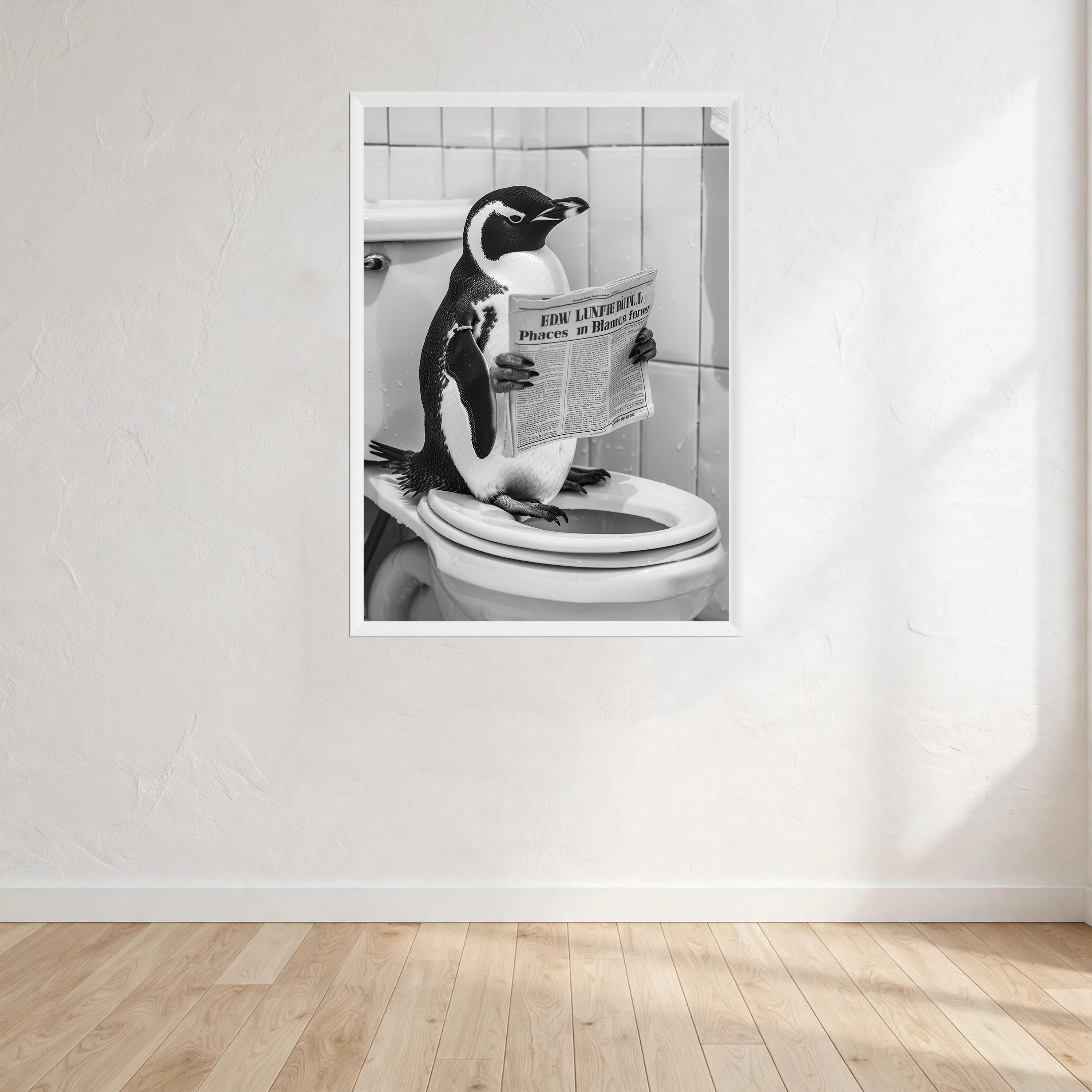 Penguin Black And White On Toilet Print Wall Art Print front view - printed product by Perrys Prints