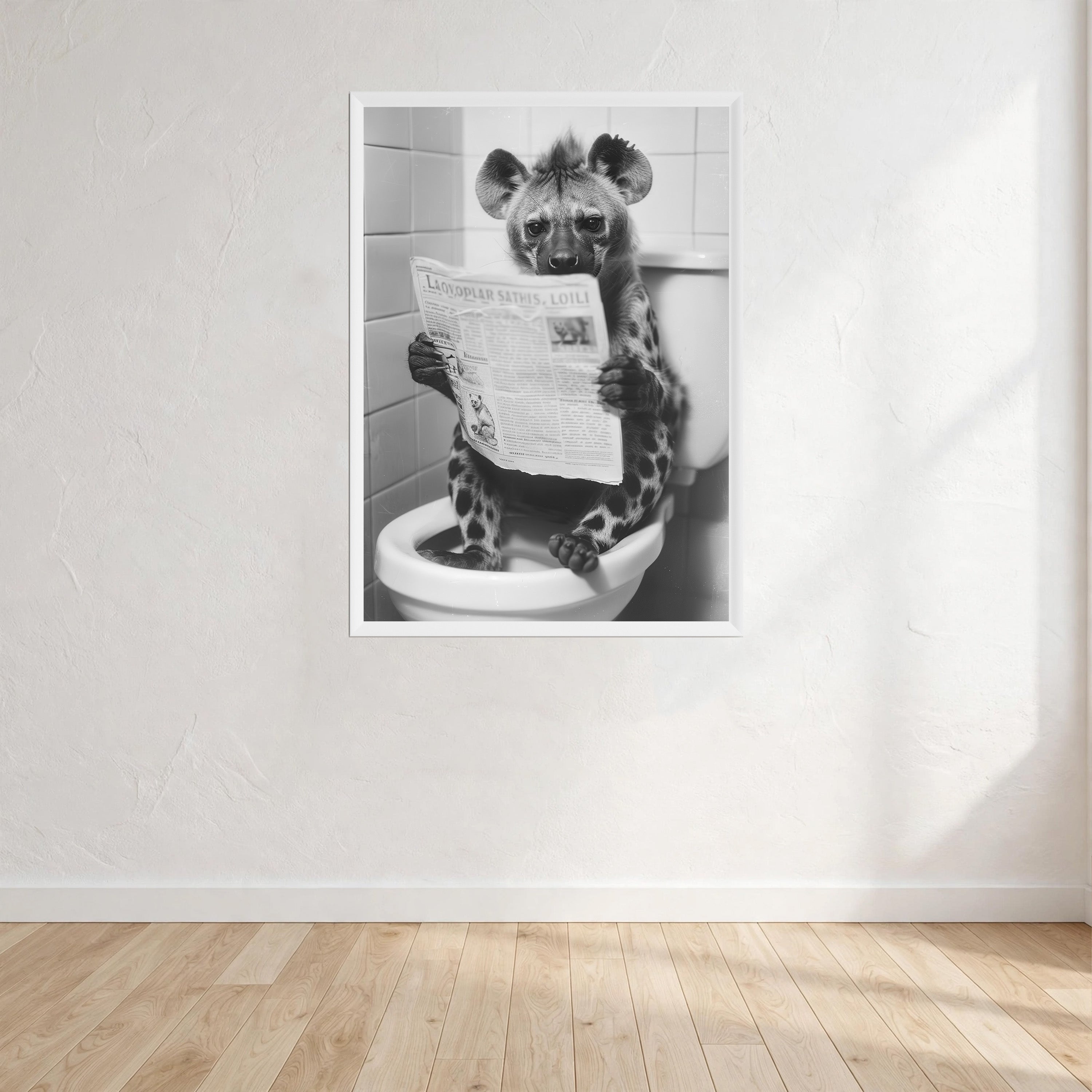 Hyena Black And White On Toilet Print Wall Art Print front view - printed product by Perrys Prints