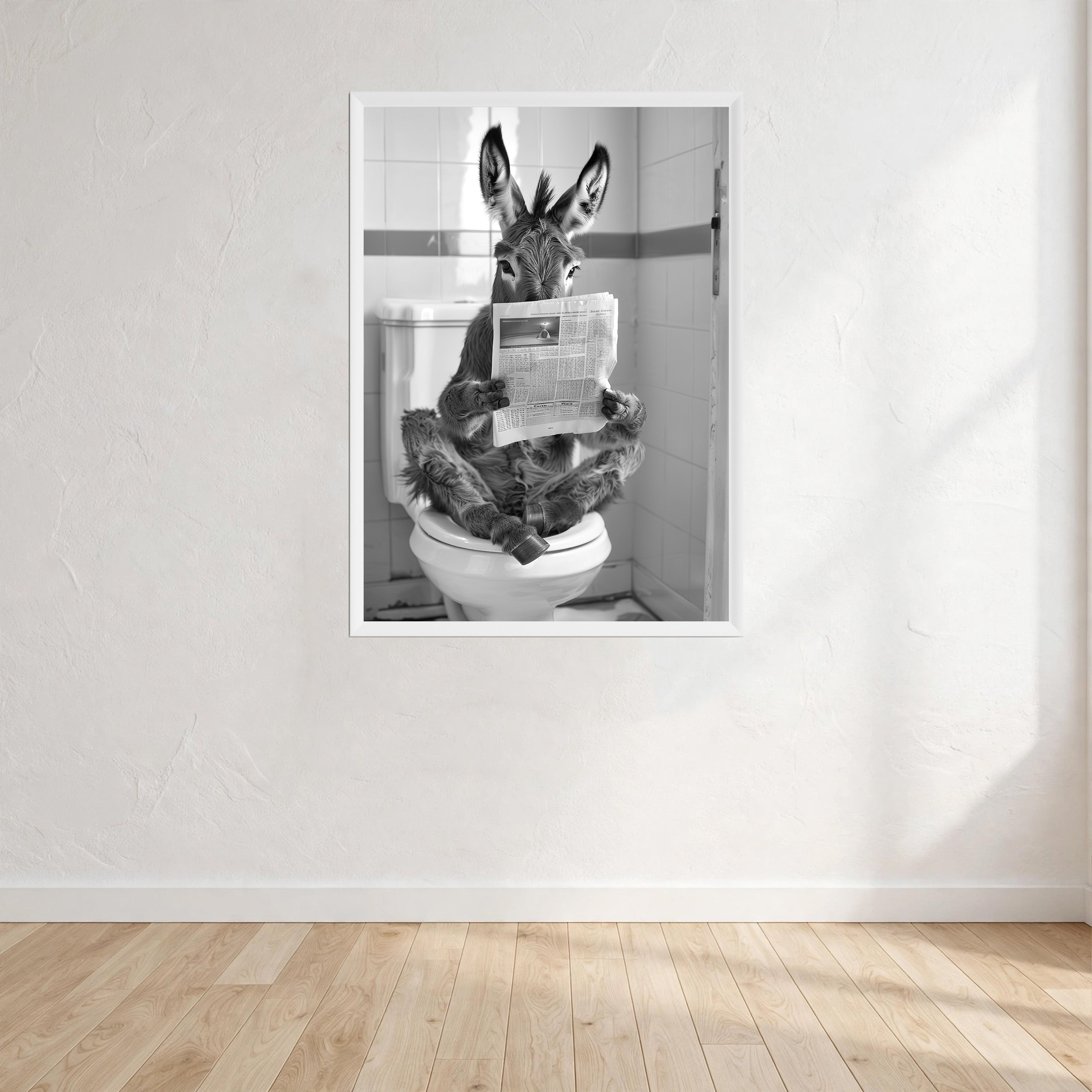 Donkey Black And White On Toilet Print Wall Art Print front view - printed product by Perrys Prints