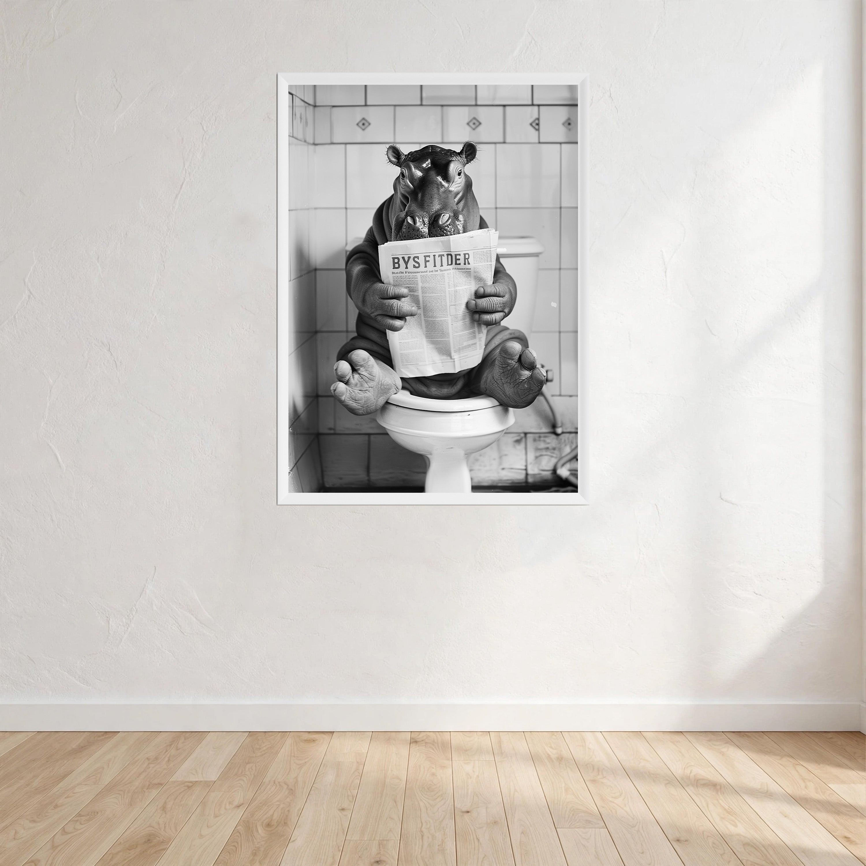 Hippo Black And White On Toilet Print Wall Art Print front view - printed product by Perrys Prints