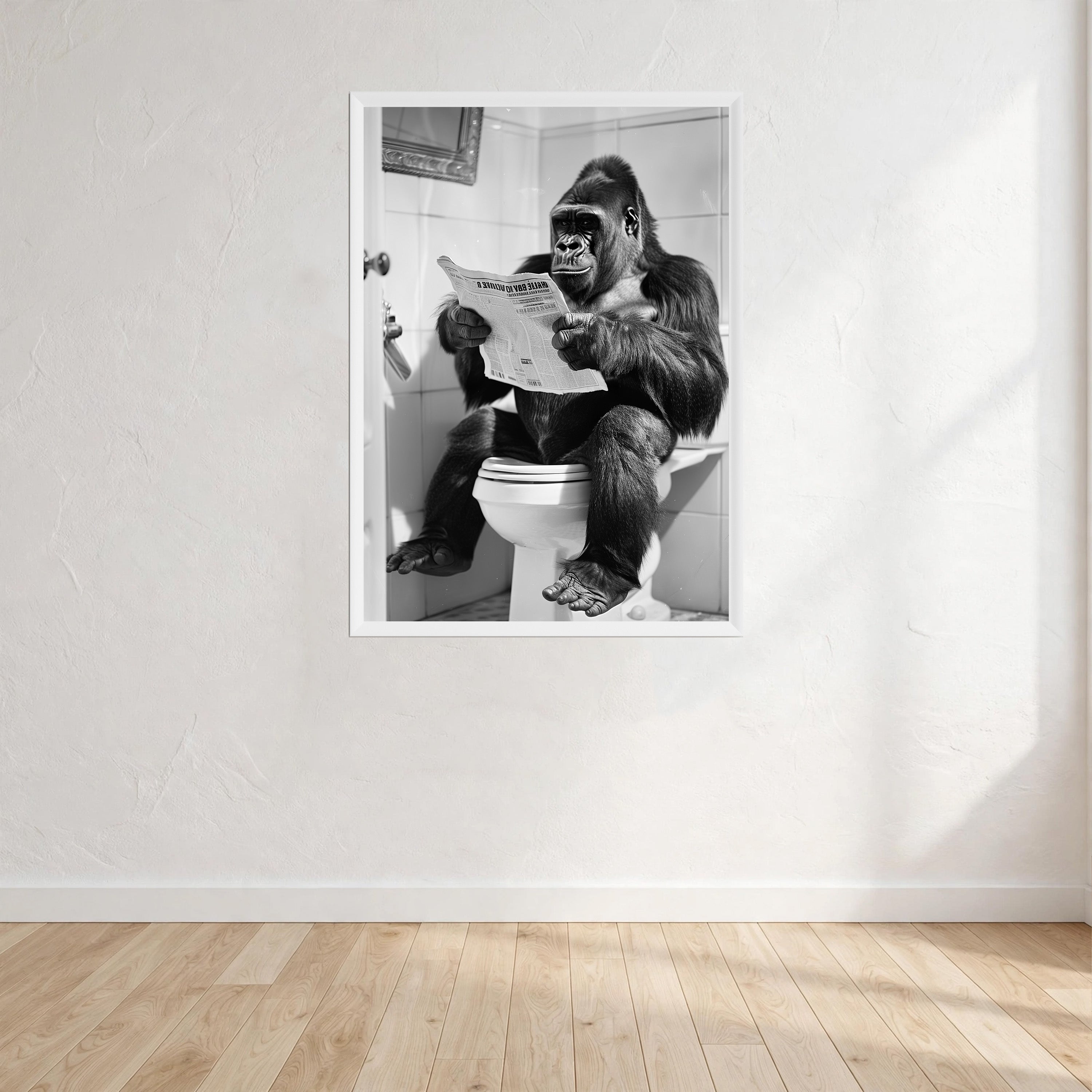 Gorilla Black And White On Toilet Print Wall Art Print front view - printed product by Perrys Prints