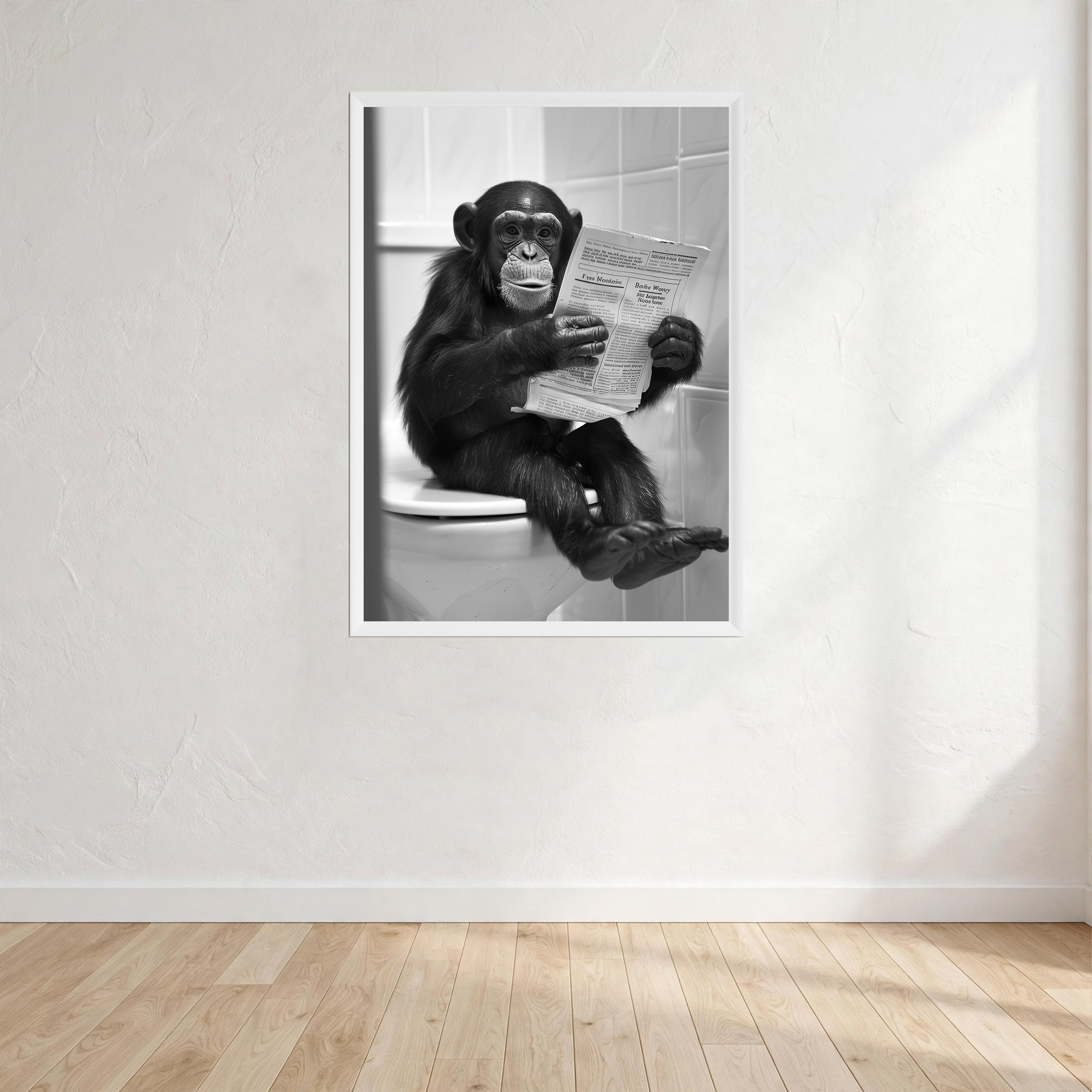 Monkey Black And White On Toilet Print Wall Art Print front view - printed product by Perrys Prints