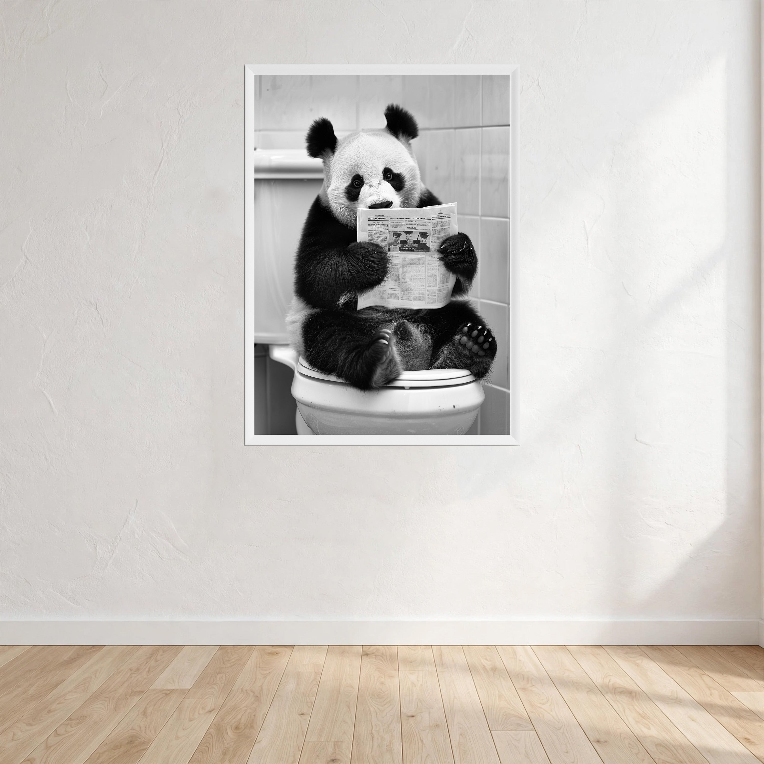 Panda Black And White On Toilet Print Wall Art Print front view - printed product by Perrys Prints