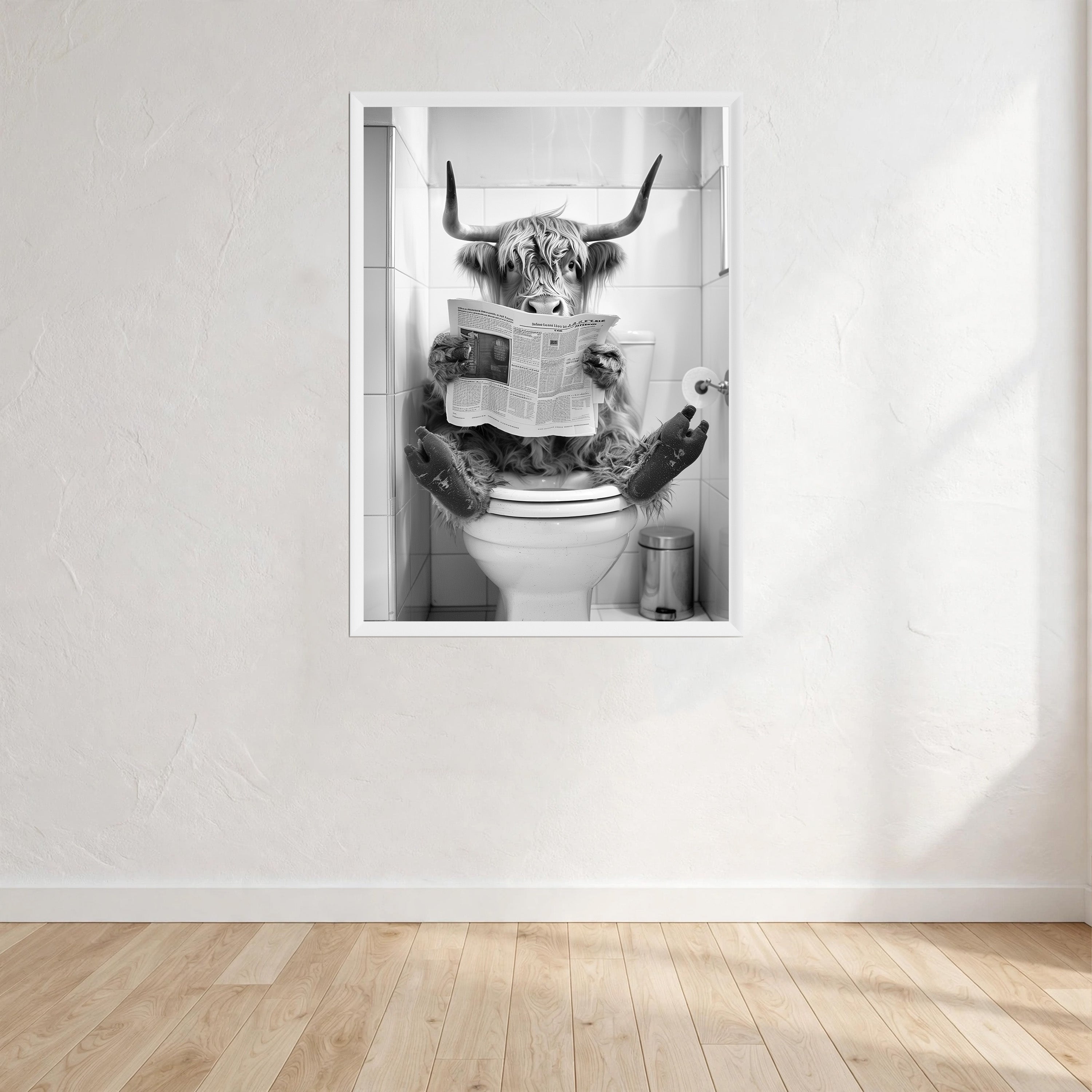 Highland Cow Black And White On Toilet Print Wall Art Print front view - printed product by Perrys Prints