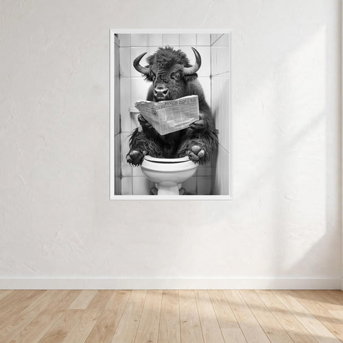 Bison Black And White On Toilet Print Wall Art Print front view - printed product by Perrys Prints