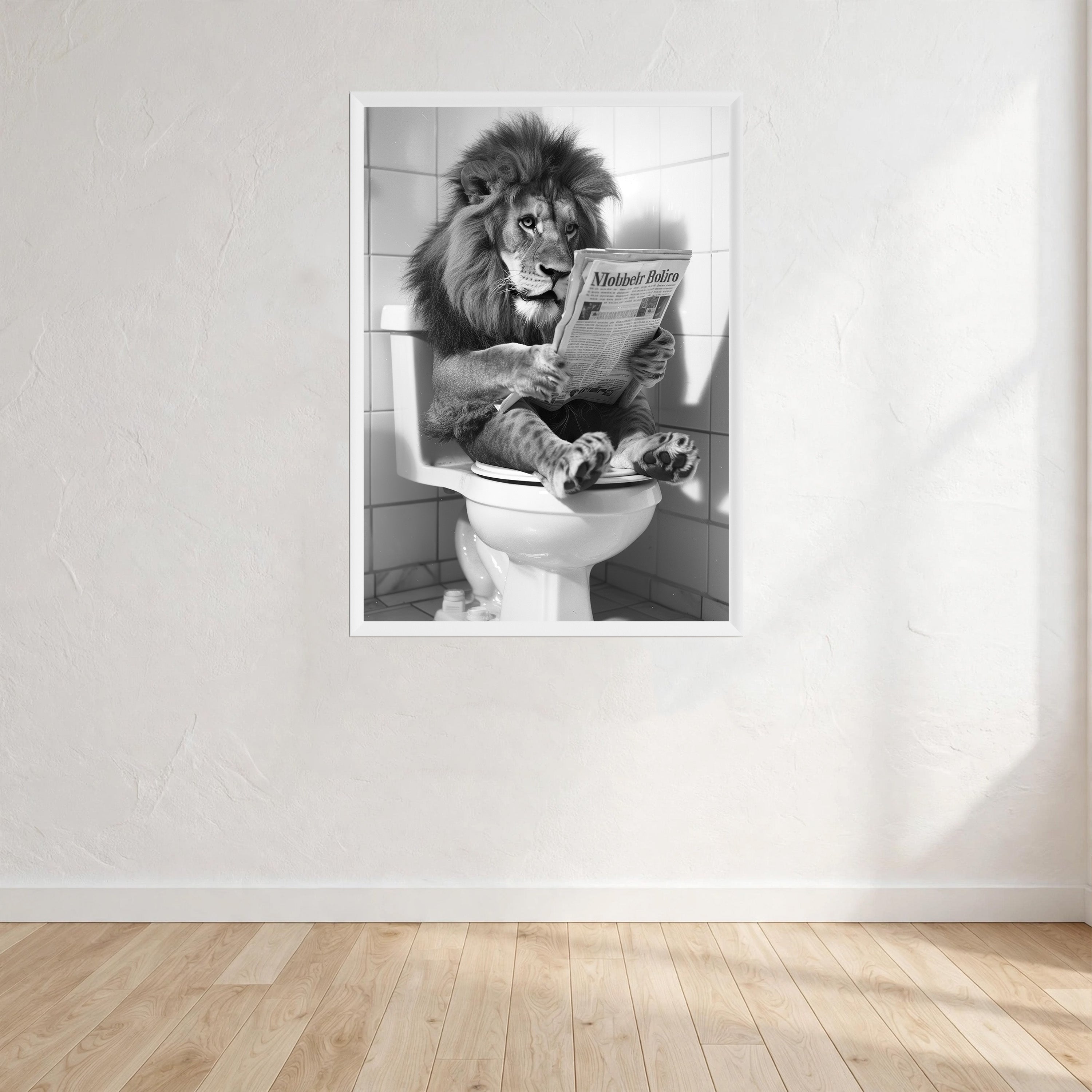 Lion Black And White On Toilet Print Wall Art Print front view - printed product by Perrys Prints