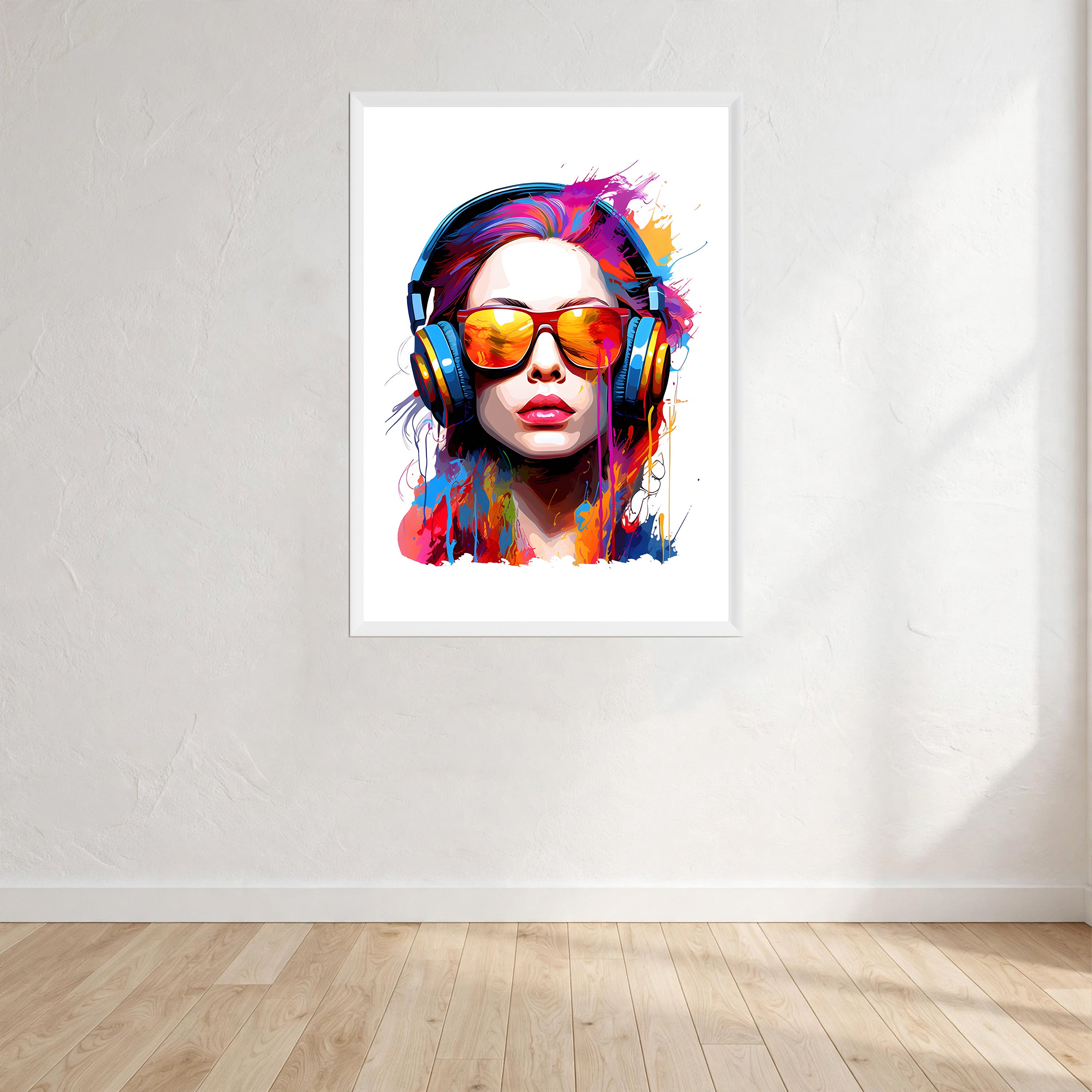 Girl With Headphones Wall Art Print front view - printed product by Perrys Prints
