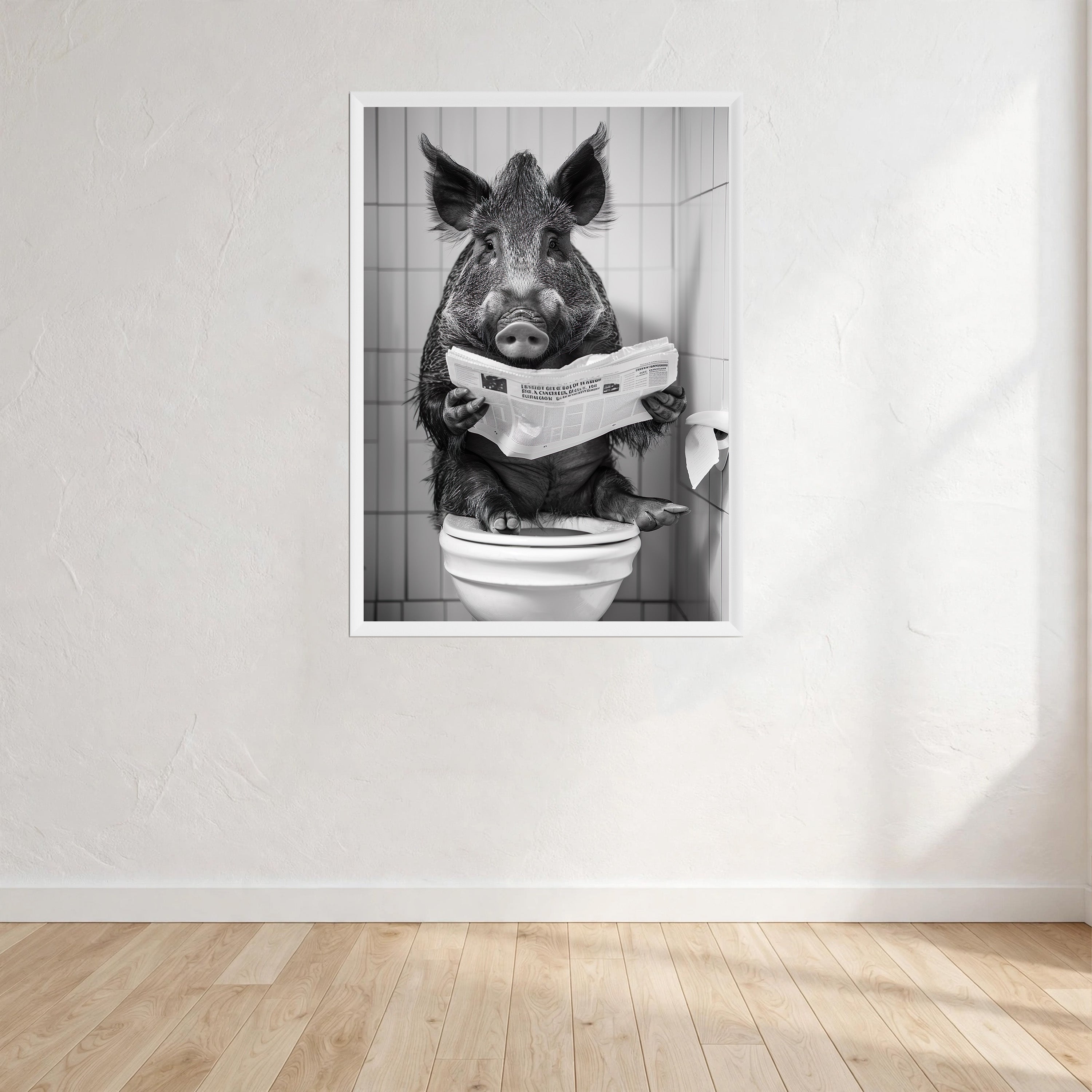 Wild Boar Black And White On Toilet Print Wall Art Print front view - printed product by Perrys Prints