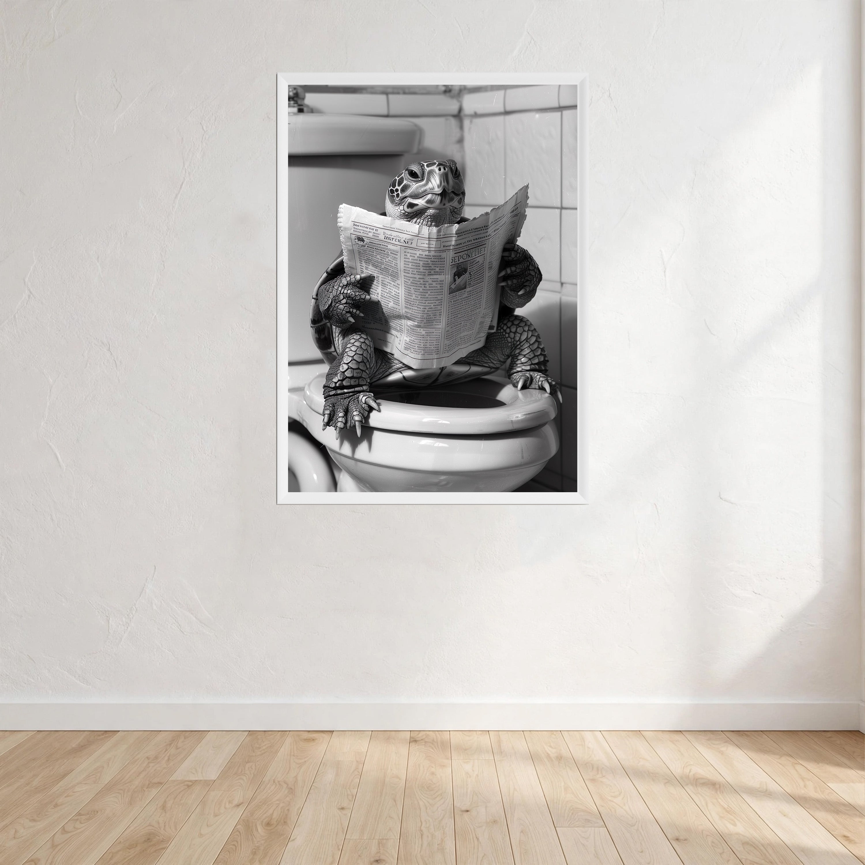 Turtle Black And White On Toilet Print Wall Art Print front view - printed product by Perrys Prints