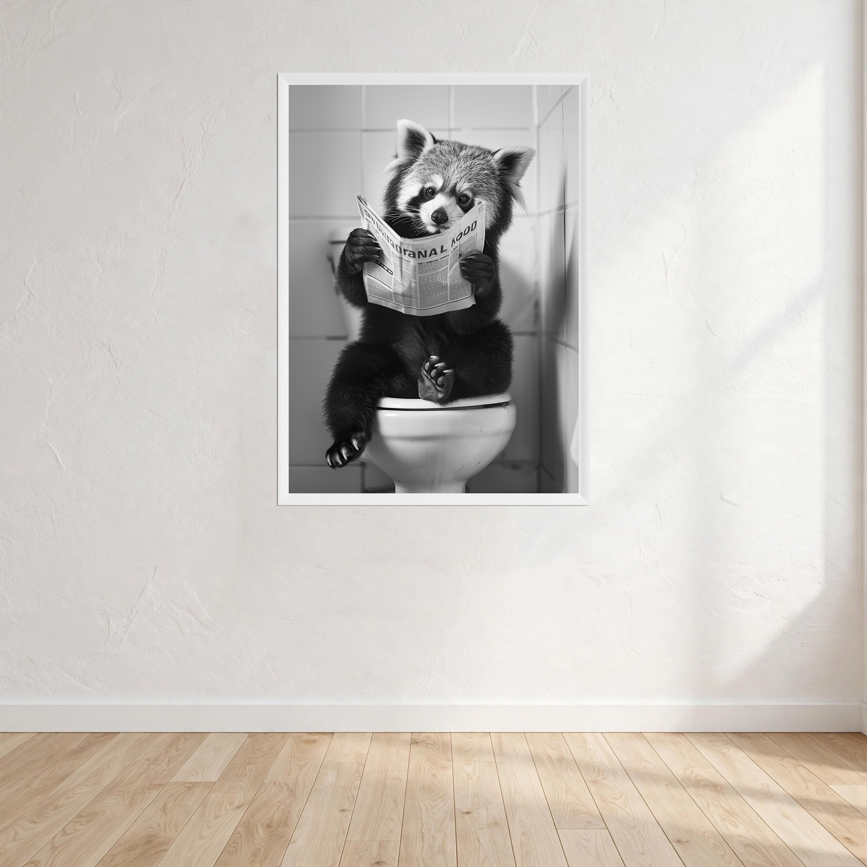 Red Panda Black And White On Toilet Print Wall Art Print front view - printed product by Perrys Prints