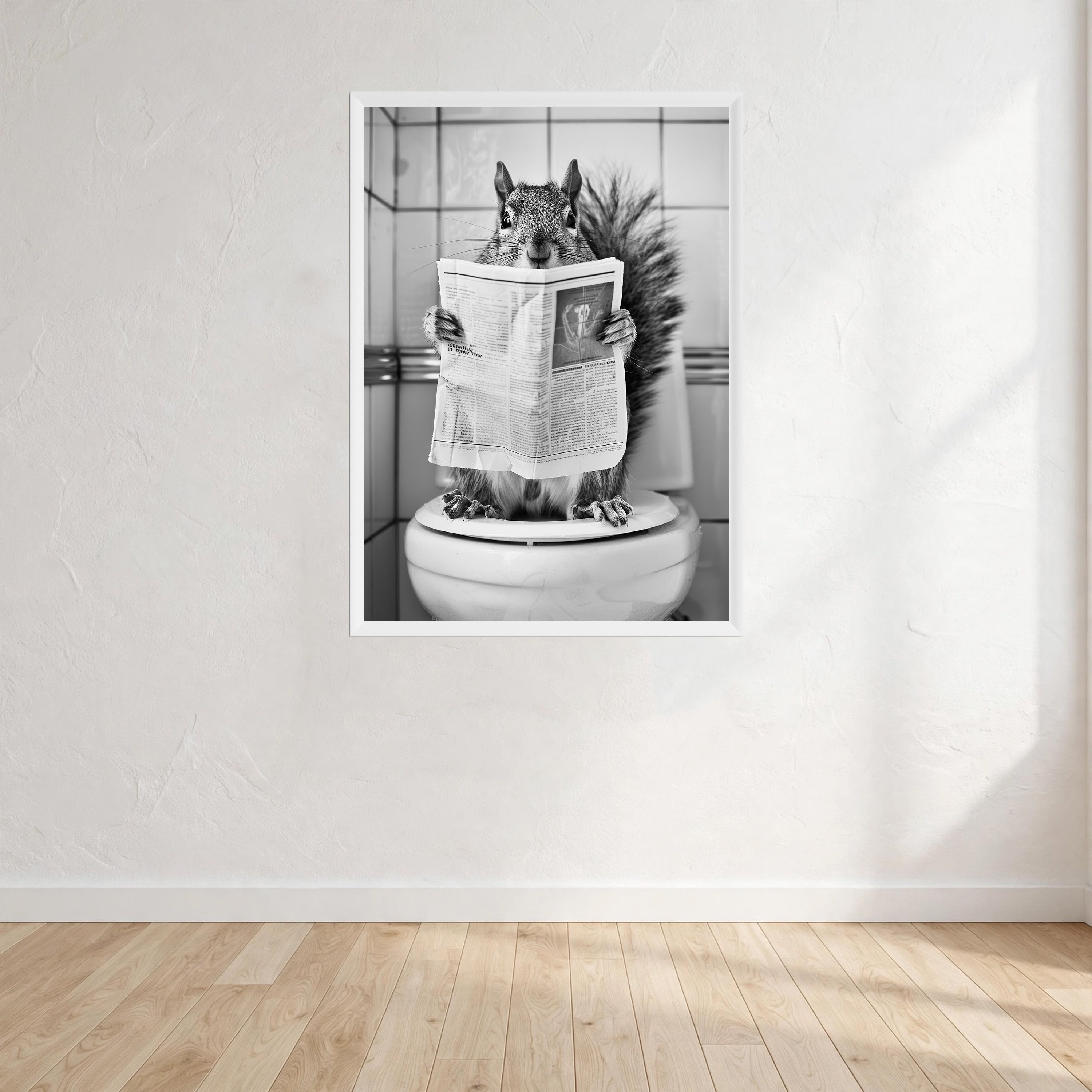 Squirrel Black And White On Toilet Print Wall Art Print front view - printed product by Perrys Prints