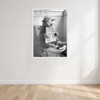 Sheep Black And White On Toilet Print Wall Art Print front view - printed product by Perrys Prints
