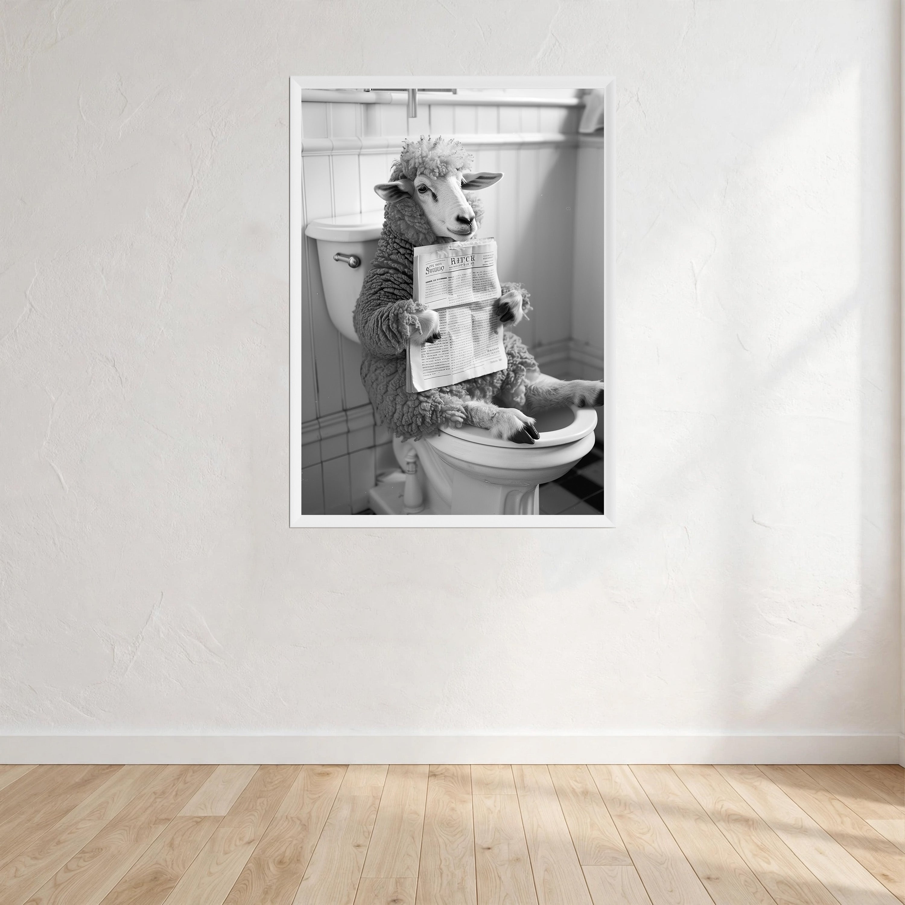 Sheep Black And White On Toilet Print Wall Art Print front view - printed product by Perrys Prints