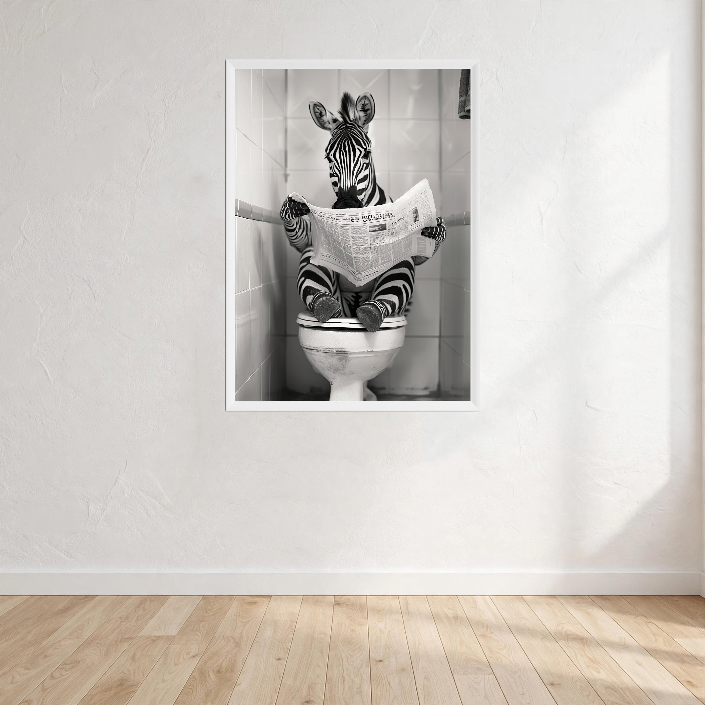 Zebra Black And White On Toilet Print Wall Art Print front view - printed product by Perrys Prints