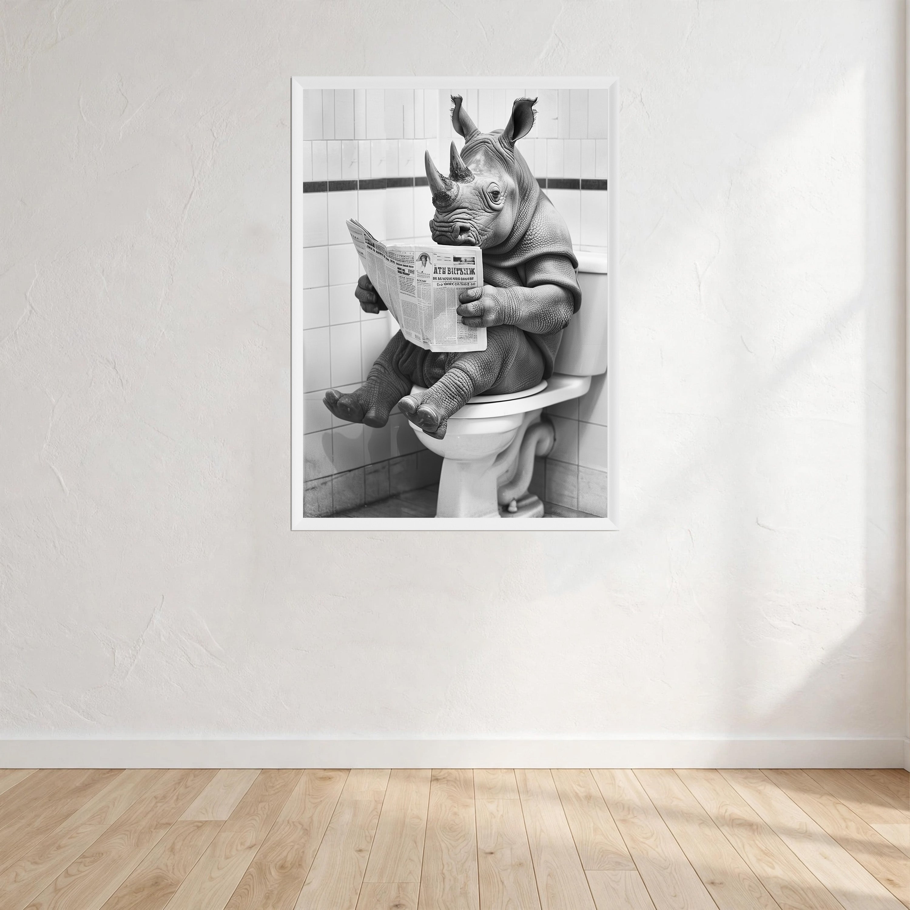 Rhino Black And White On Toilet Print Wall Art Print front view - printed product by Perrys Prints