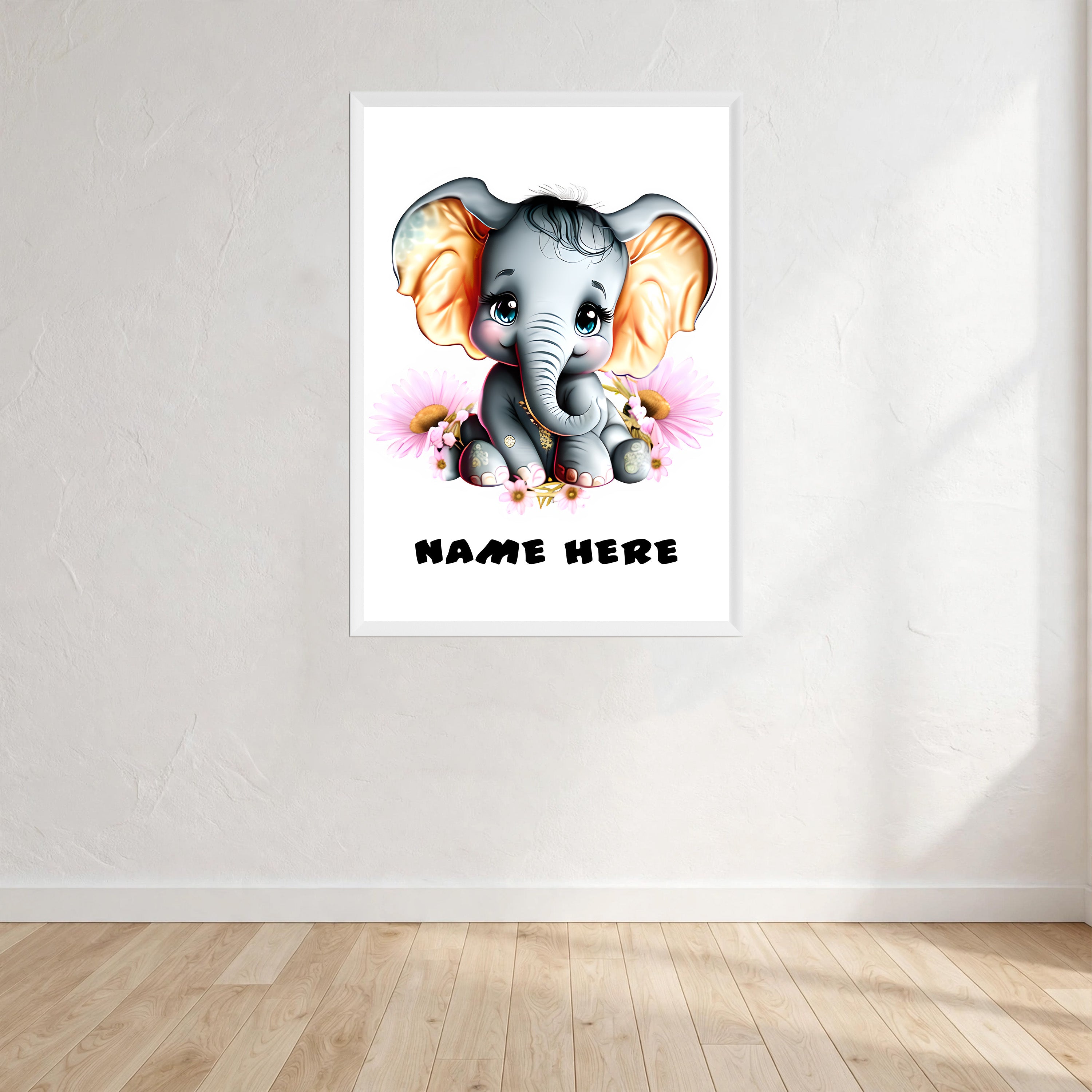 Baby Elephant Personalised Wall Art Print front view - printed product by Perrys Prints