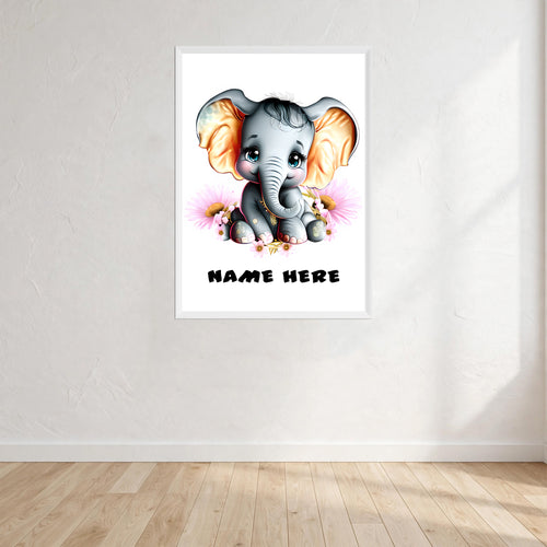 Baby Elephant Personalised Wall Art Print front view - printed product by Perrys Prints