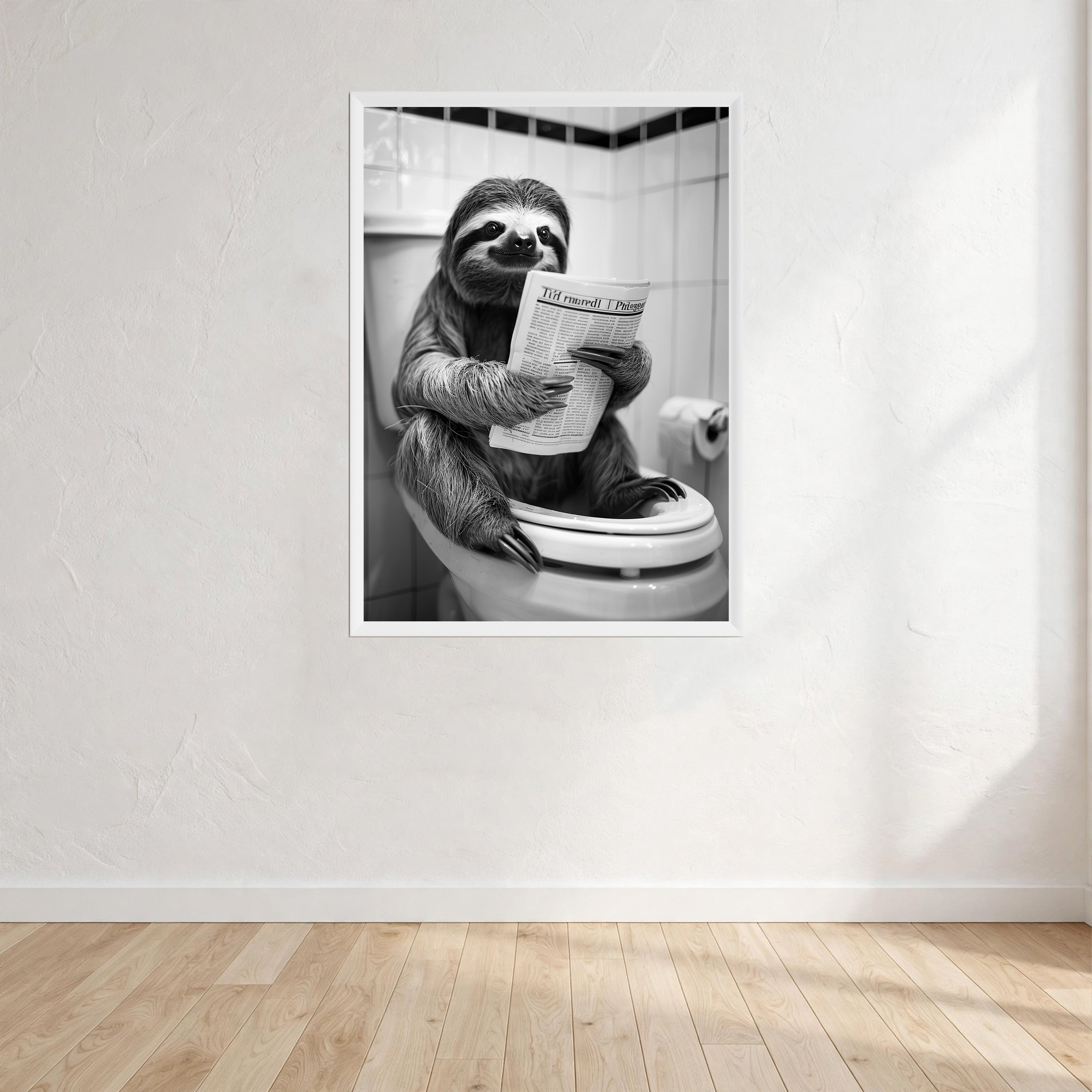 Sloth Black And White On Toilet Print Wall Art Print front view - printed product by Perrys Prints