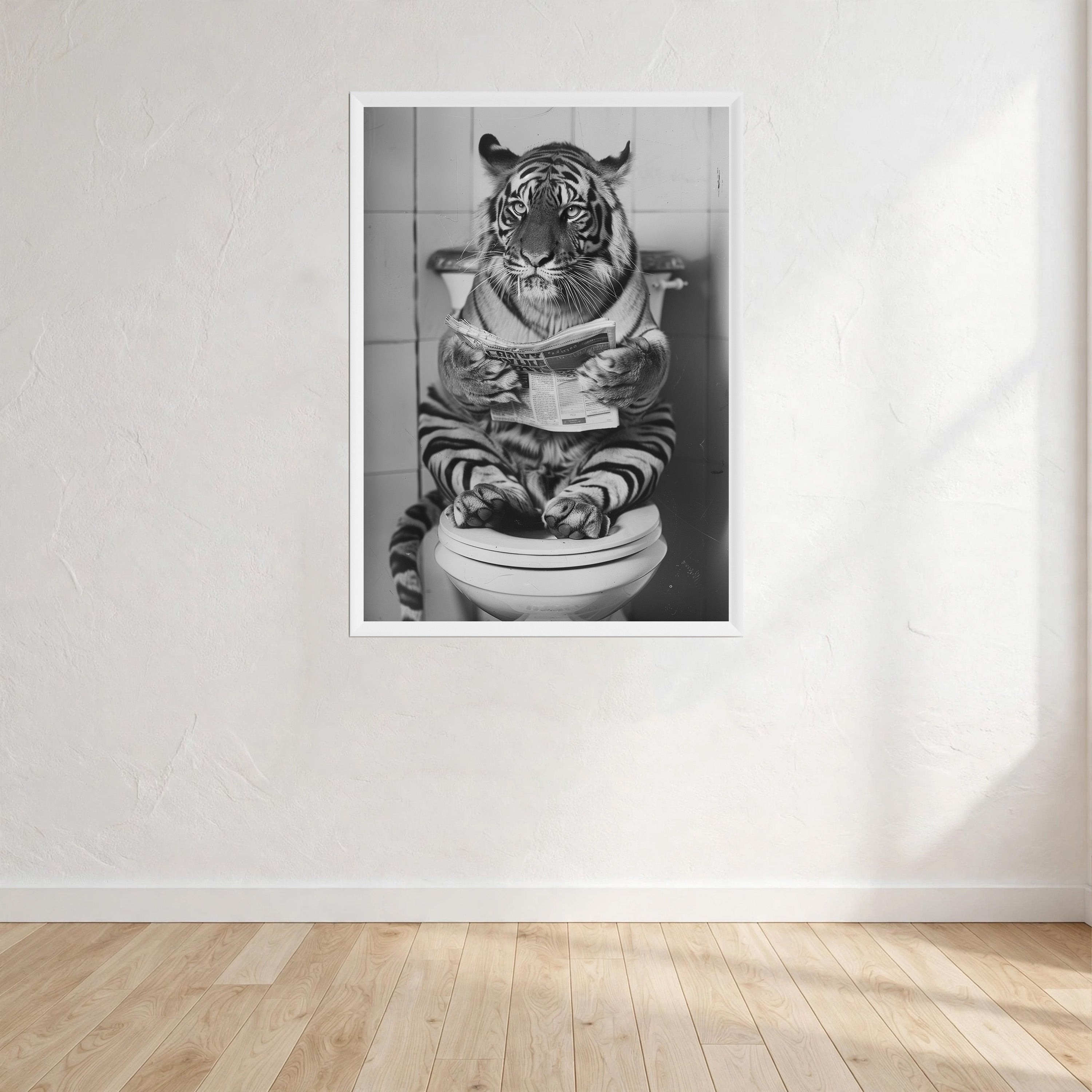 Tiger Black And White On Toilet Print Wall Art Print front view - printed product by Perrys Prints