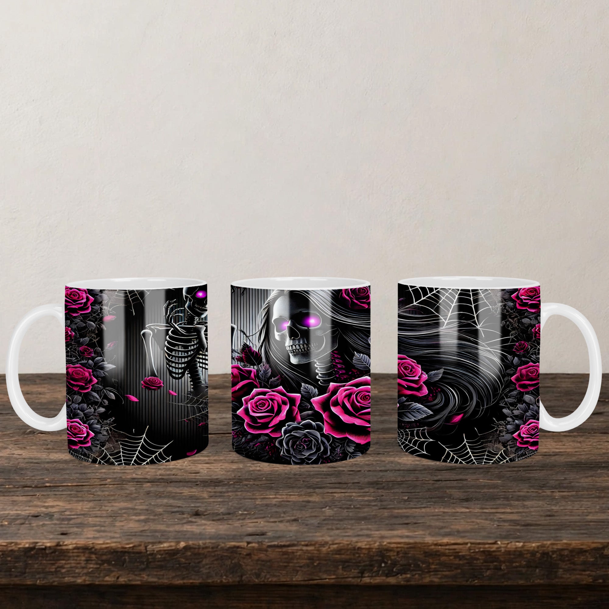 Skeleton Roses Mug back view - white ceramic printed mug by Perrys Prints
