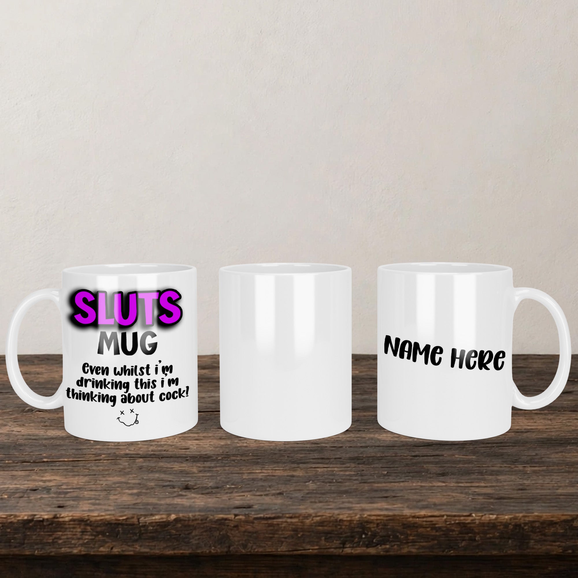 Sluts Mug back view - white ceramic printed mug by Perrys Prints