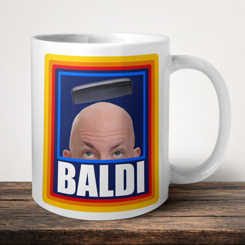 Baldi Mug front view - white ceramic printed mug by Perrys Prints
