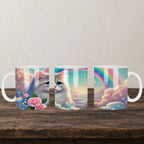 Watercolour Rainbow Cat Mug back view - white ceramic printed mug by Perrys Prints
