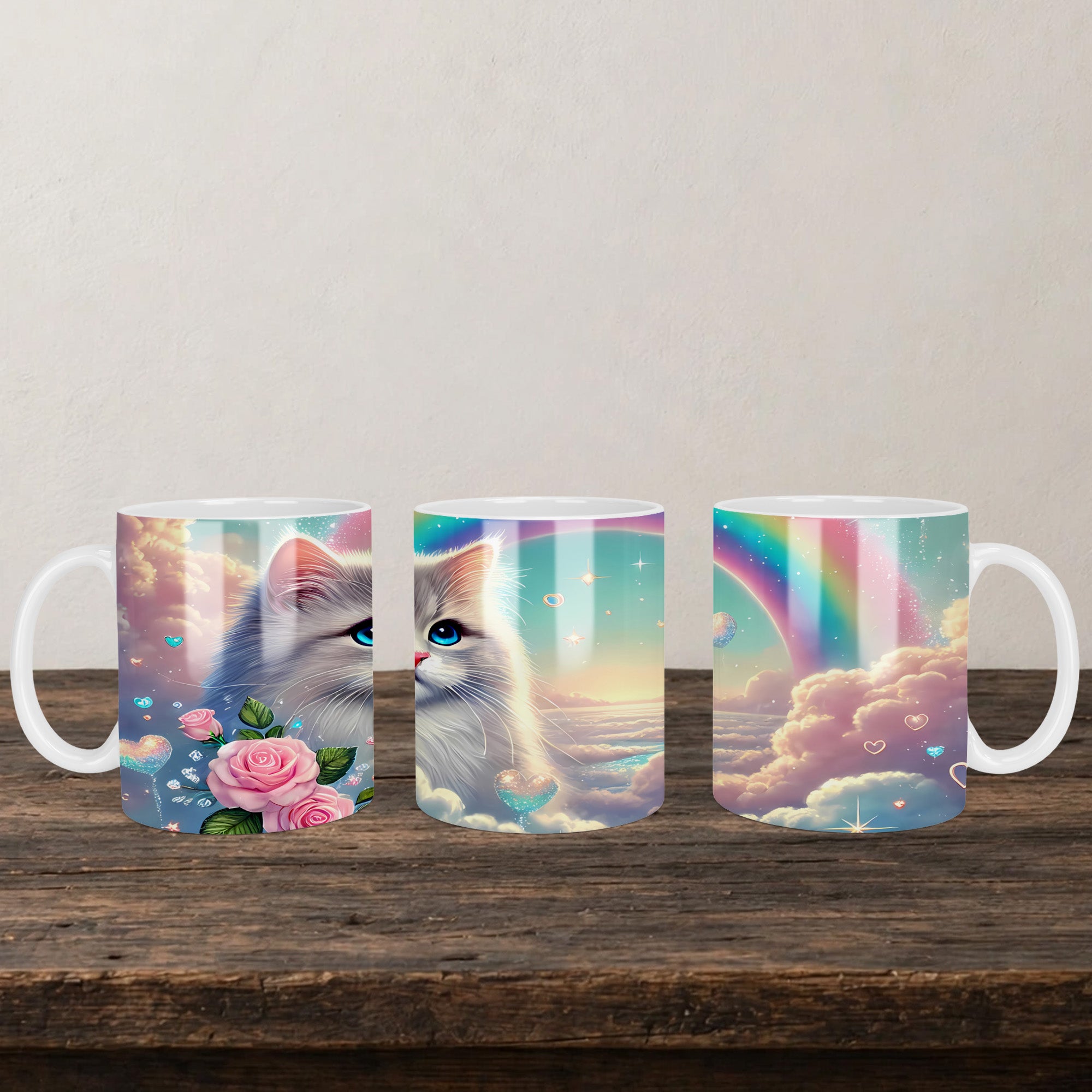 Watercolour Rainbow Cat Mug back view - white ceramic printed mug by Perrys Prints