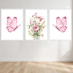 Butterflies With Flowers Three Piece Picture Wall Art Print front view - printed product by Perrys Prints