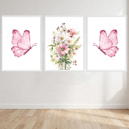 Butterflies With Flowers Three Piece Picture Wall Art Print front view - printed product by Perrys Prints