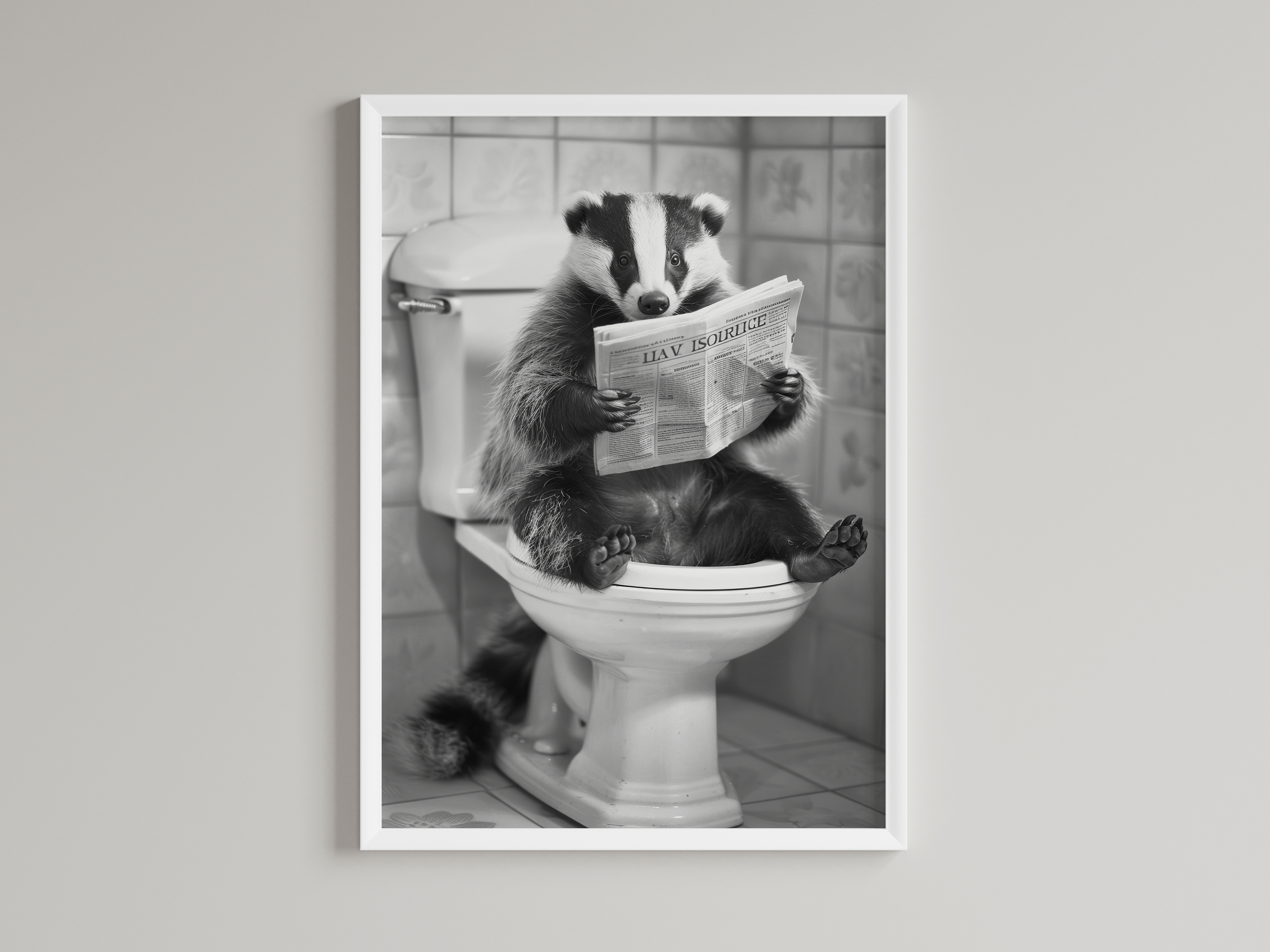 Badger Black And White On Toilet Print