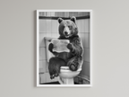 Bear Black And White On Toilet Print Wall Art Print back view - printed product by Perrys Prints