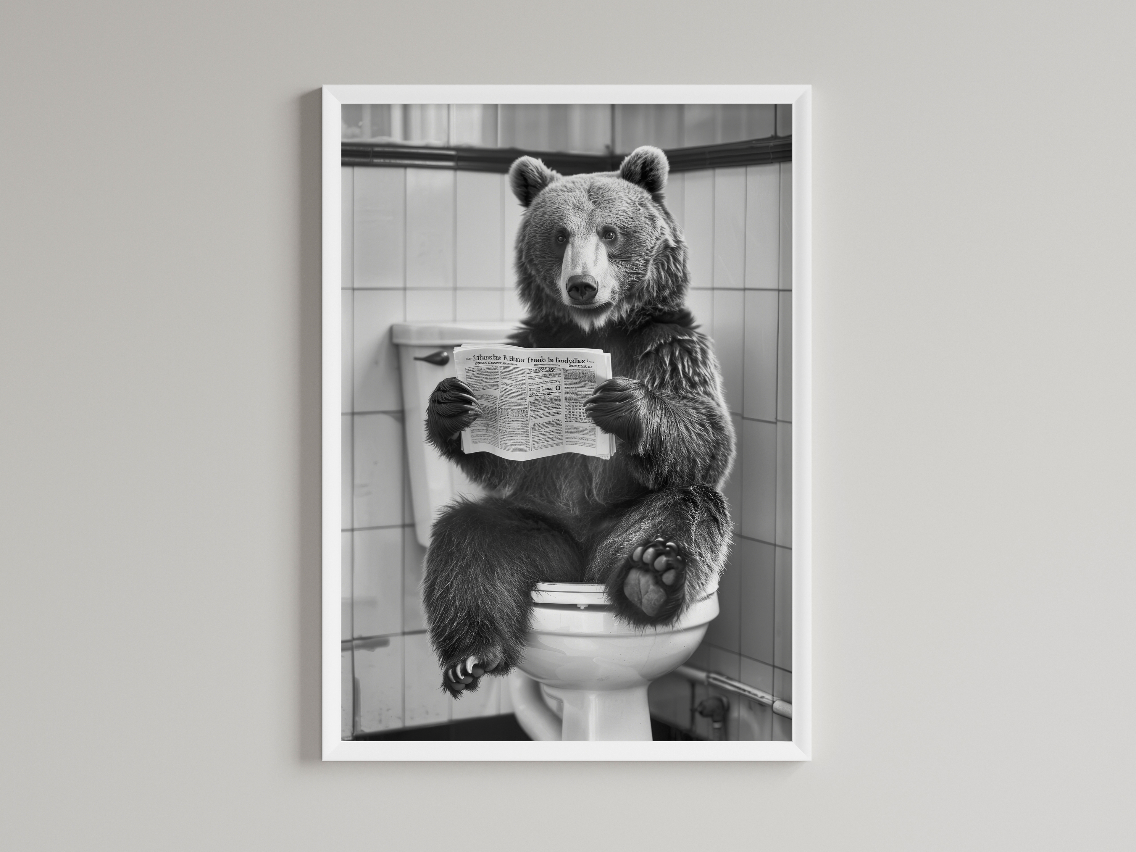 Bear Black And White On Toilet Print